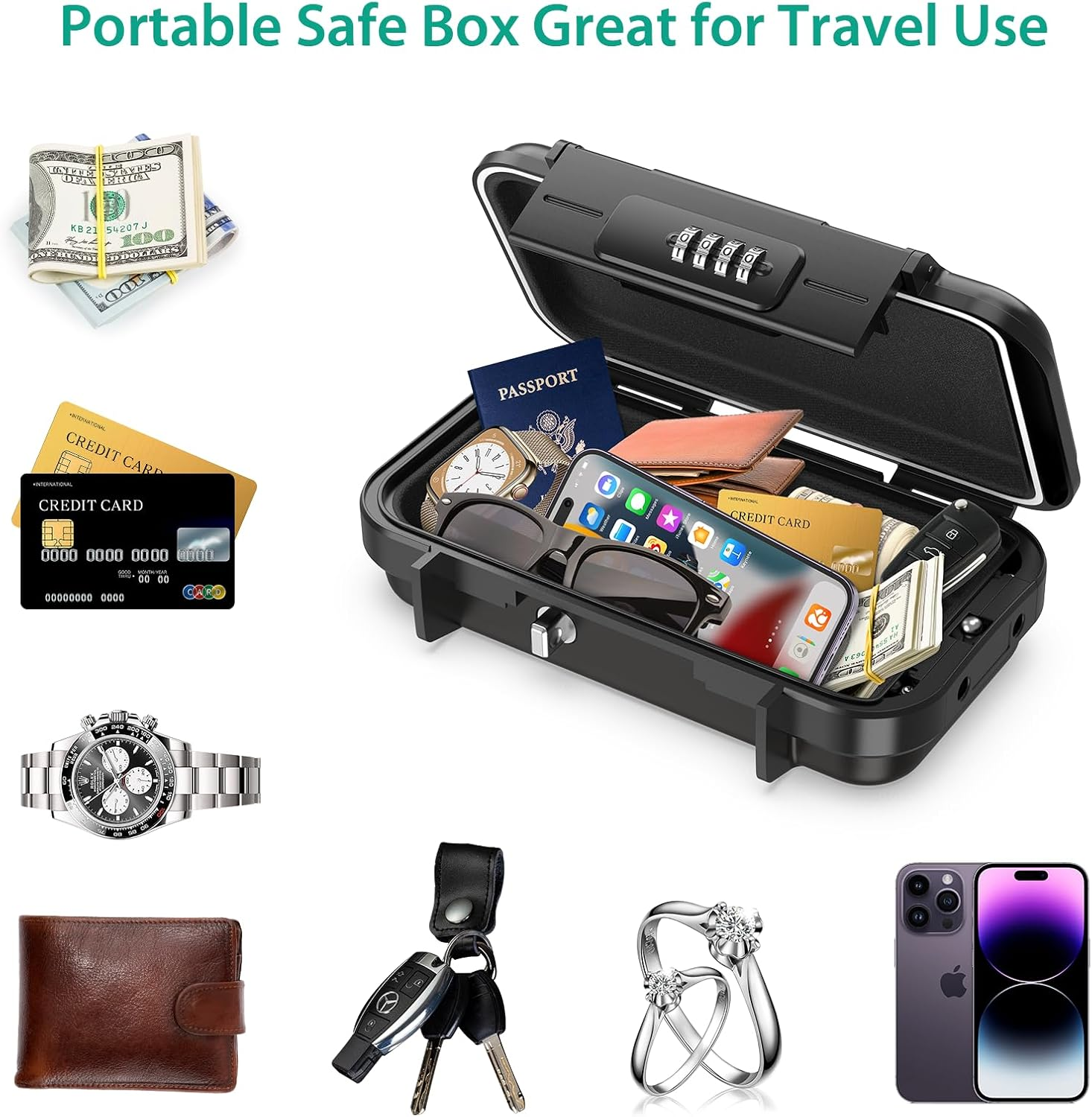 ORIA Portable Safe Box, Security Lock Box, Safe Lock Case with 4-Digit Code, Removable Wire Rope, Waterproof Key Lock Box for Passport, Credit Card, Phone, for Travel, Home, Office, Hotel, Beach - Red image number 4