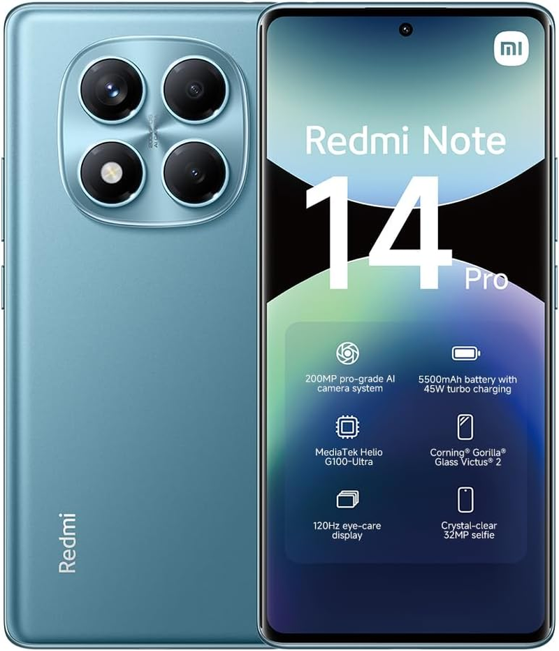 Xiaomi Redmi Note 14 Pro Smartphone, 8+256GB, Blue, 200MP Pro-Grade AI Camera, 5500Mah Battery, 32MP Selfie Camera, AI Features (Charger Not Included)