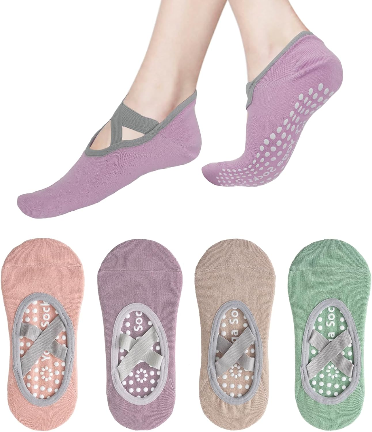 Fiohiros 4 Pairs Pilates Socks with Grips for Women,Yoga Socks with Multiple Colors Non Slip Socks for Yoga, Pilates, Ballet, Daily Wear
