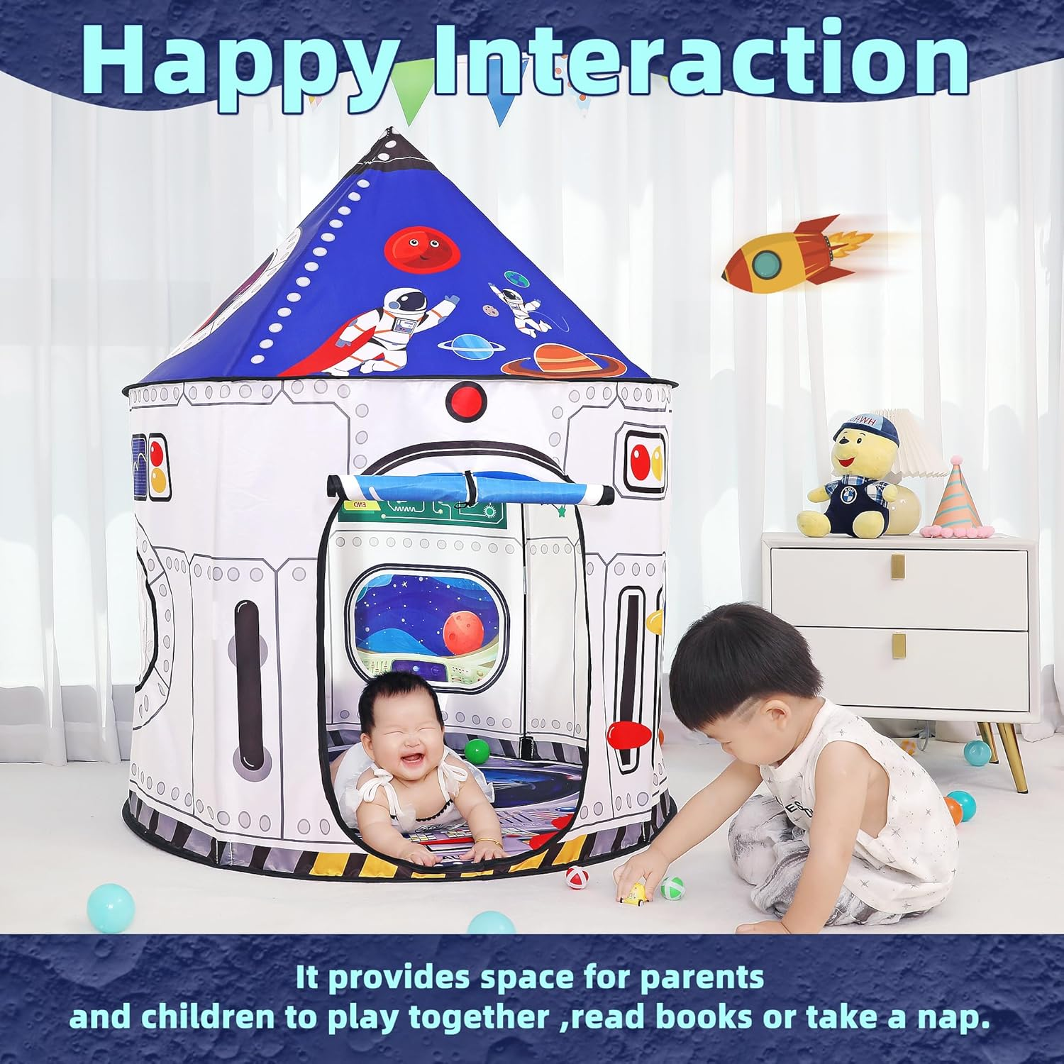 Rockets Kids Play Tent for Indoor Outdoor Astronauts Spaceship Play Tent Kids Playhouse Pop up Tent Baby House Rocket Planets Space Castle Playhouse for Boys & Girls Birthday Gift image number 1