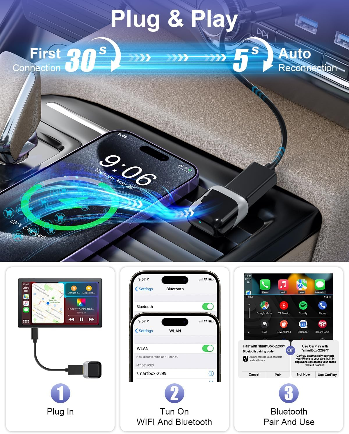 Wireless Carplay Adapter, 2 in 1 Carplay & Android Auto Adapter, Upgrade Wired Carplay to Wireless, Ultra Mini Car Play Dongle (Black) image number 4