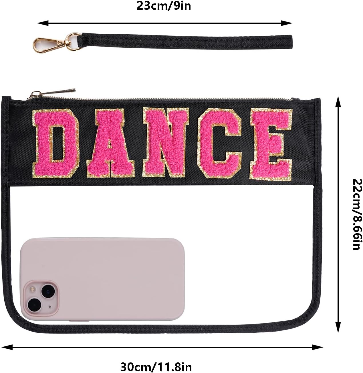 Chenille Letter Bag, Clear Flat Pouches with Zipper, Clear Makeup Letter Bag, Black-Dance, 11.8X8.7 Inch