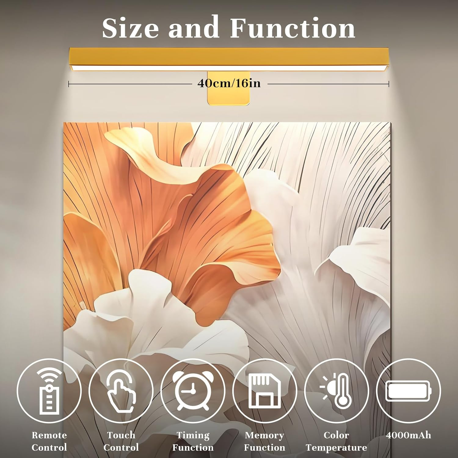 Picture Light Battery Operated, 16In Wireless Art Light Rechargeable, Cordless Display for Paintings with Remote, Timer, Dimmable Wall Sconce for Portraits, Frames, Gallery (Gold) image number 2