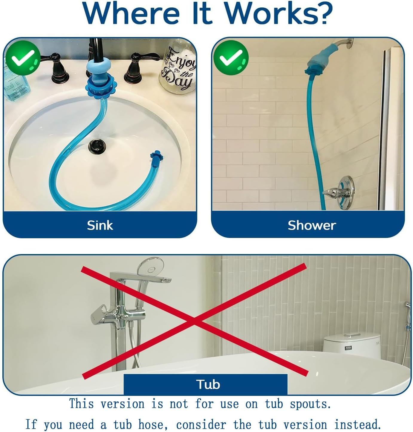 1-Piece Slip-On Pet Dog Shower Connector Rinse, Faucet Sink Hose Attachment, Length 150Cm, Blue, Flexible Silicone Adapter, Easy to Install