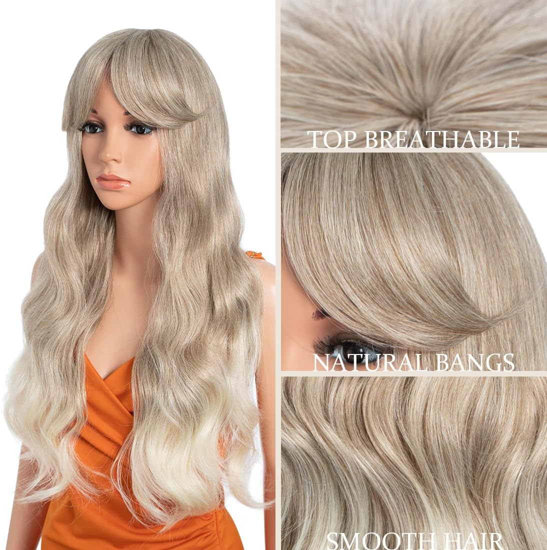 26 Inch Long Wavy Wigs for Women, Black Wig with Bangs, Ombre Brown Wig with Dark Roots, Long Layered, Heat Resistant, Synthetic, Natural Looking for Daily Party Use (T-LINEN (62)) image number 3