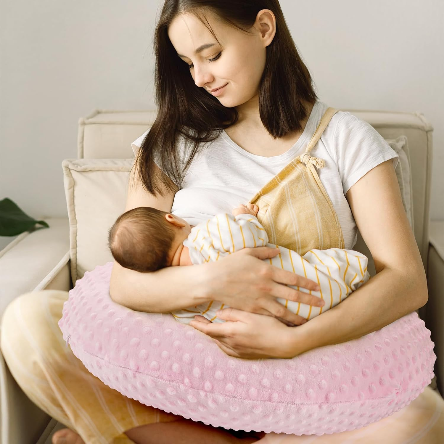 GFU Breastfeeding Pillow for Newborn with Dot Fabric Nursing Cover, Soft Comfortable Nursing Pillow for Breast Feeding and Bottle, Pink image number 2