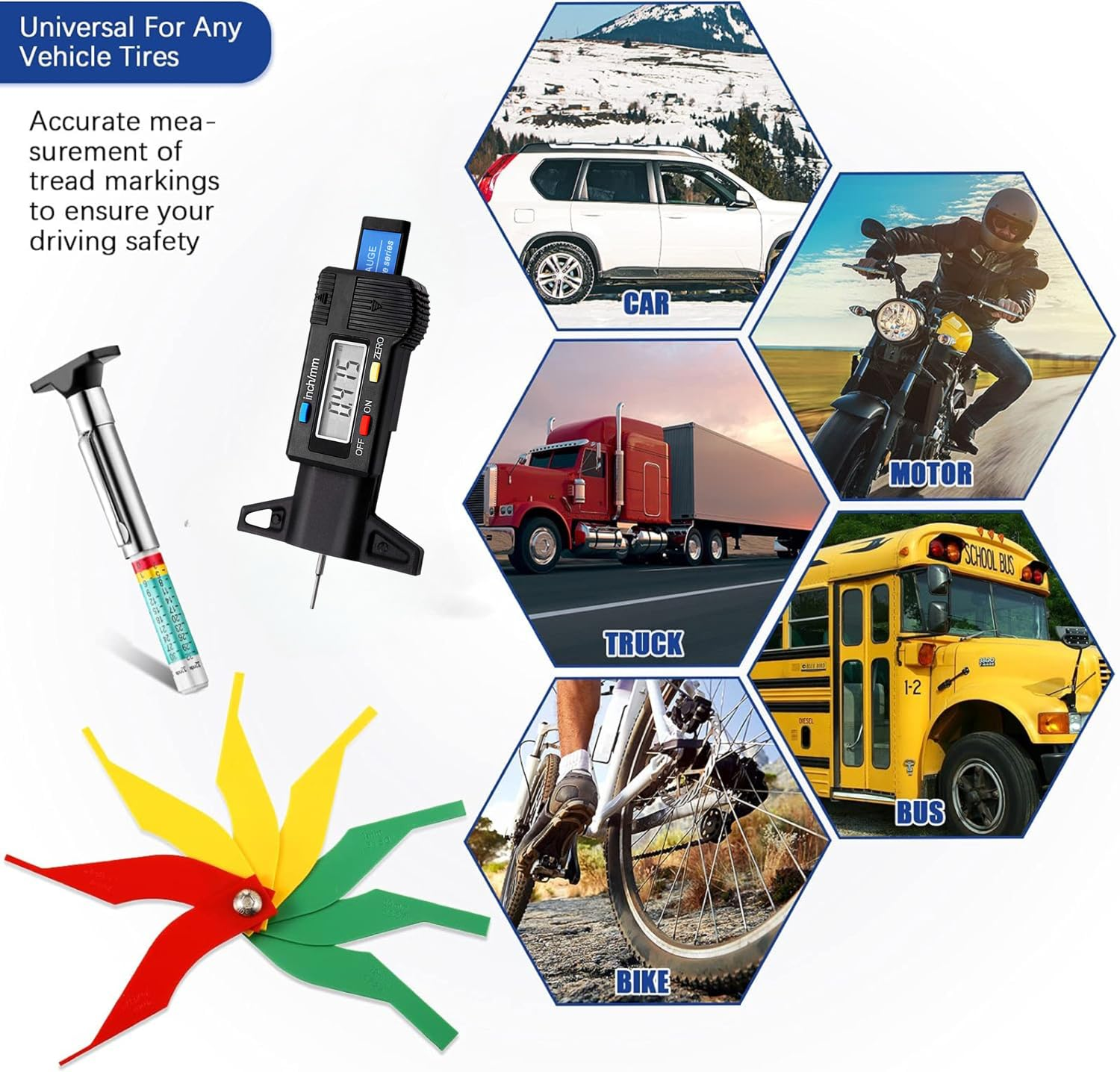 FANGXIN 3 Pieces Tire Tread Depth Gauge Tool Digital Tire Tread Depth Gauge Brake Lining Thickness Gauge Coded Tire Tread Depth Gauge Automotive Brake Pad Measure Ruler for Motorcycle, Car and Truck image number 4