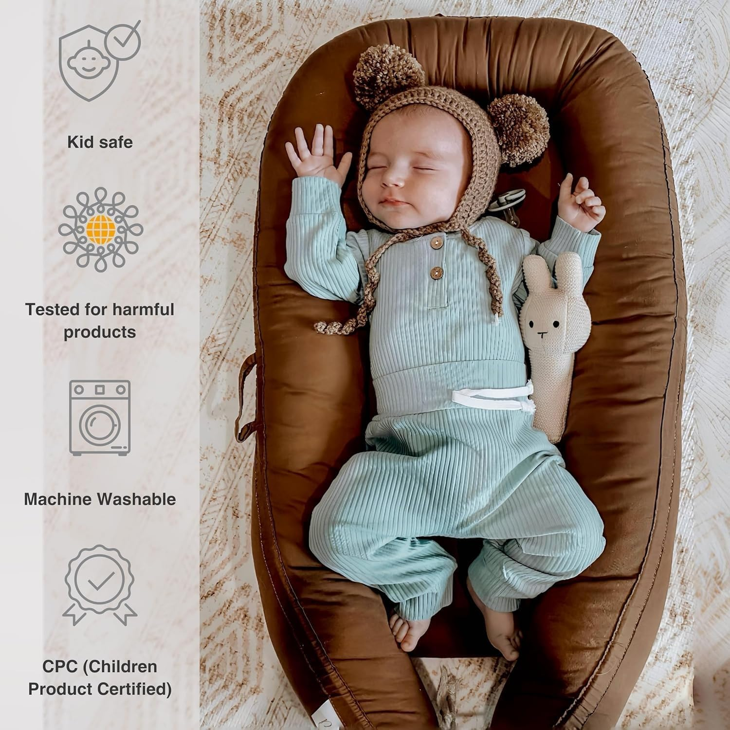 Coocoobaby Infant Lounger, Baby Nest Cover for Baby Girls & Boys, Newborn Essentials for Baby 0-12 Months, 100% Cotton Breathable, Co Sleeper Portable Travel Bed (Goldenbrown) image number 4