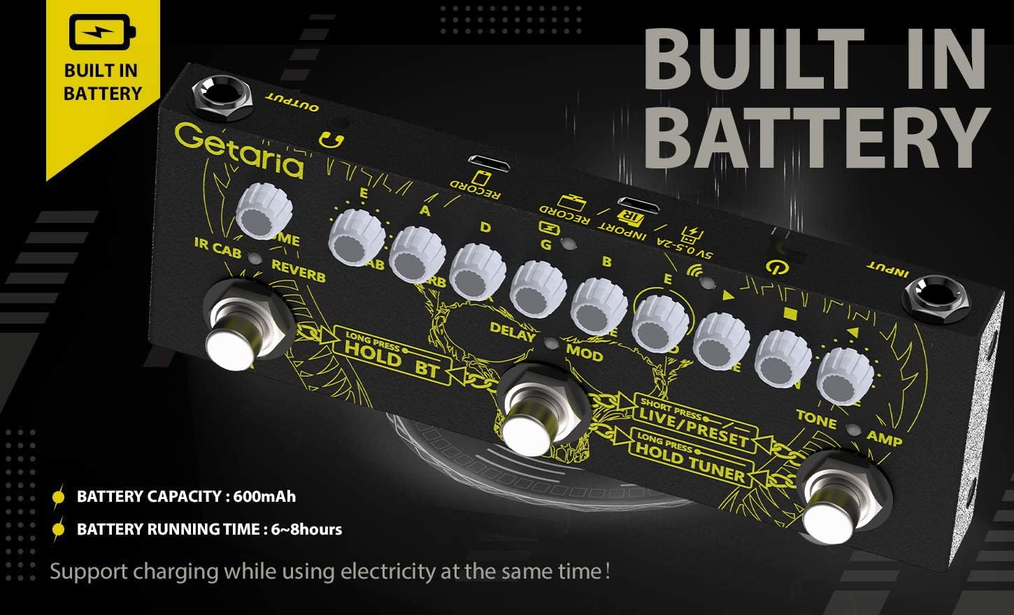 Getaria Multi Effects Guitar Pedal, with IR Loading 9 AMP Models, Delay Reverb Distortion Overdrive, Rechargable Electric Guitar Effects Multi Pedal Support Recording,Bluetooth 5.0 image number 6