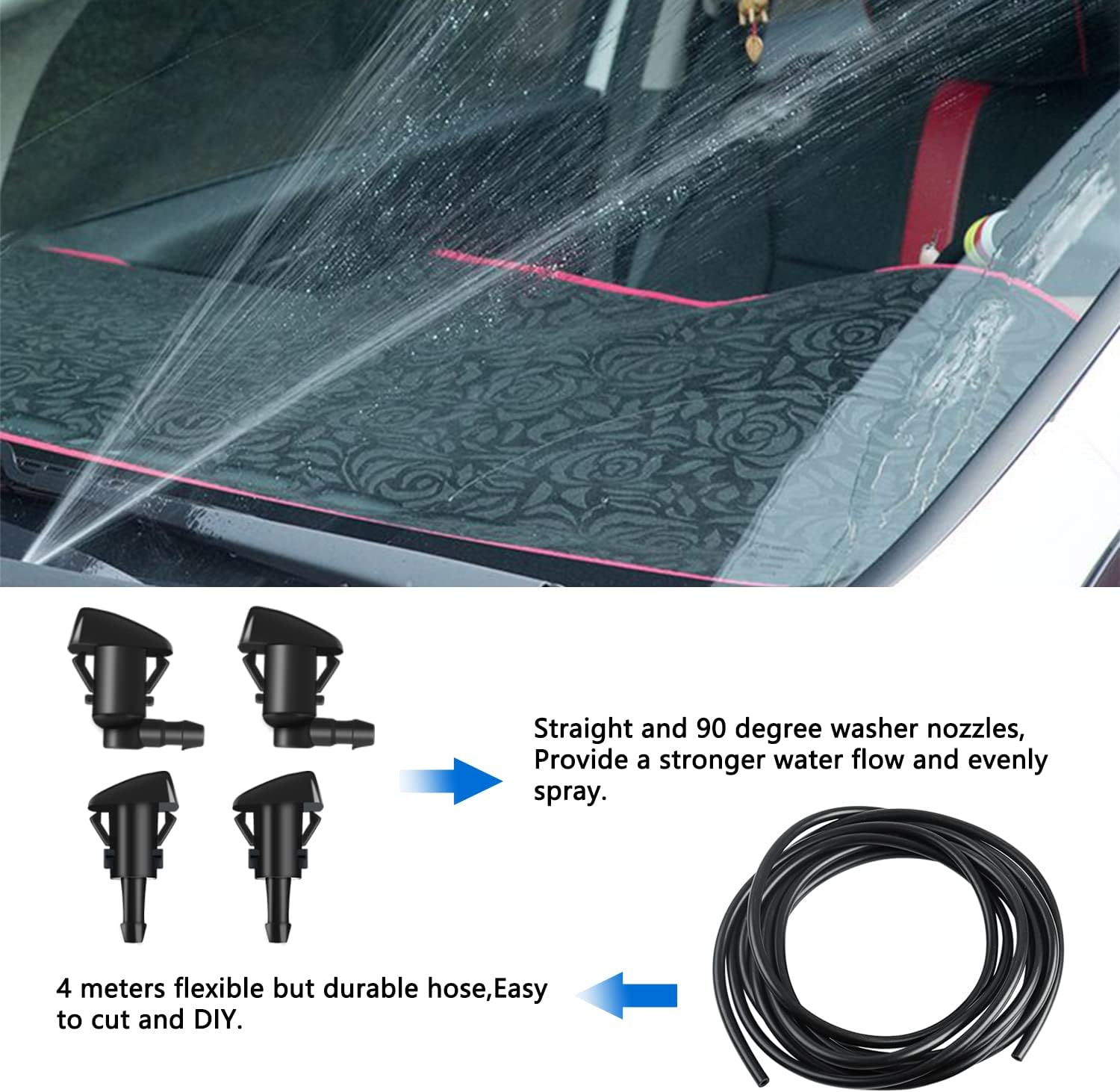 Windshield Washer Nozzles Kit Replace for Dodge Ram, Chrysler, J-Eep, Includ 4M Hose, 4 Waher Nozzles & Gasket, 12 Connectors, 30 Hood Retainers and 1 Tool (Straight + 90 Degree Washer Nozzles) image number 5