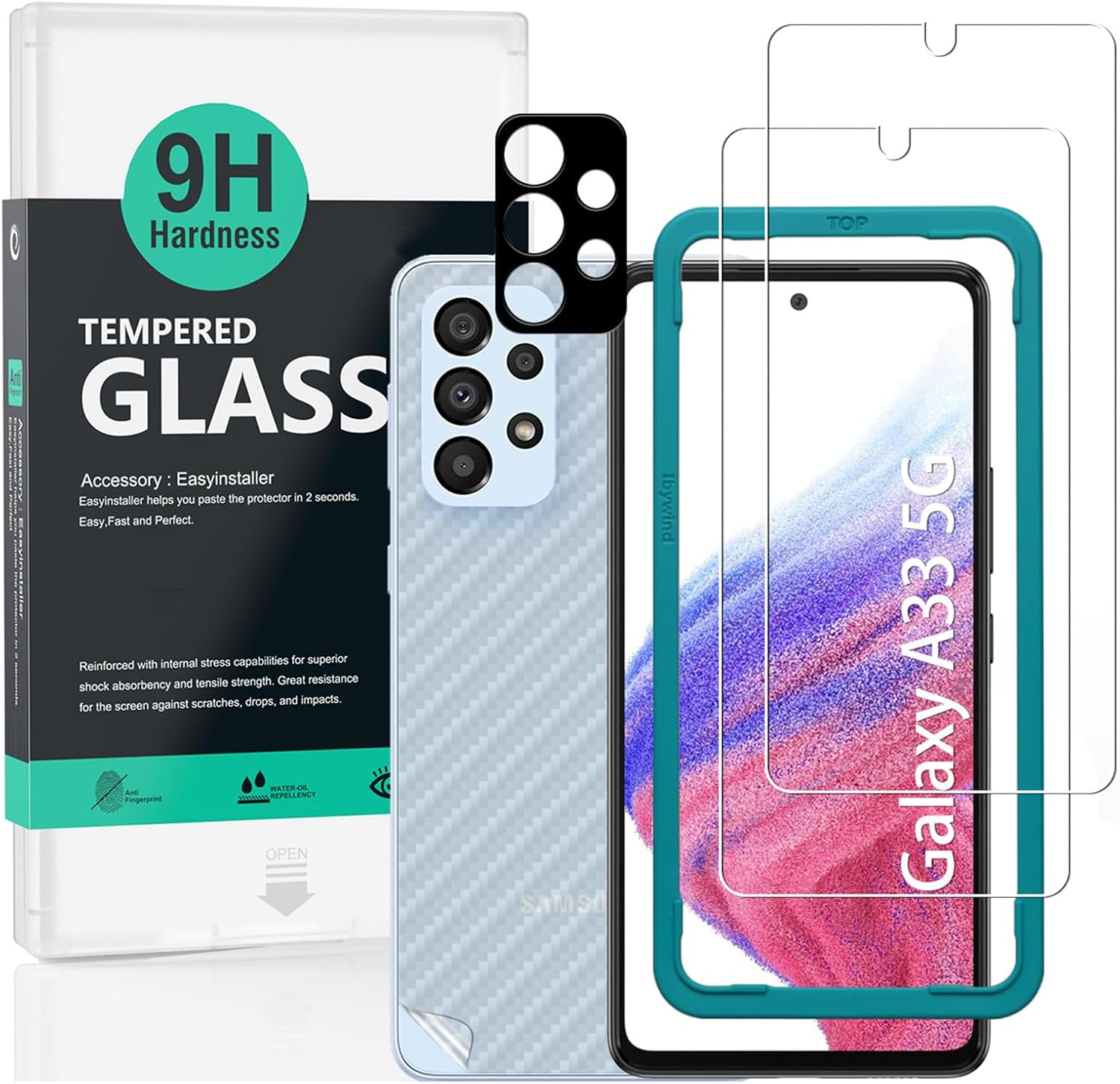 Ibywind Screen Protector for Samsung Galaxy A33 5G (6.4 Inches),With 2Pcs Tempered Glass,1Pc Camera Lens Protector,1Pc Backing Carbon Fiber Film [Fingerprint Reader,Easy to Install]