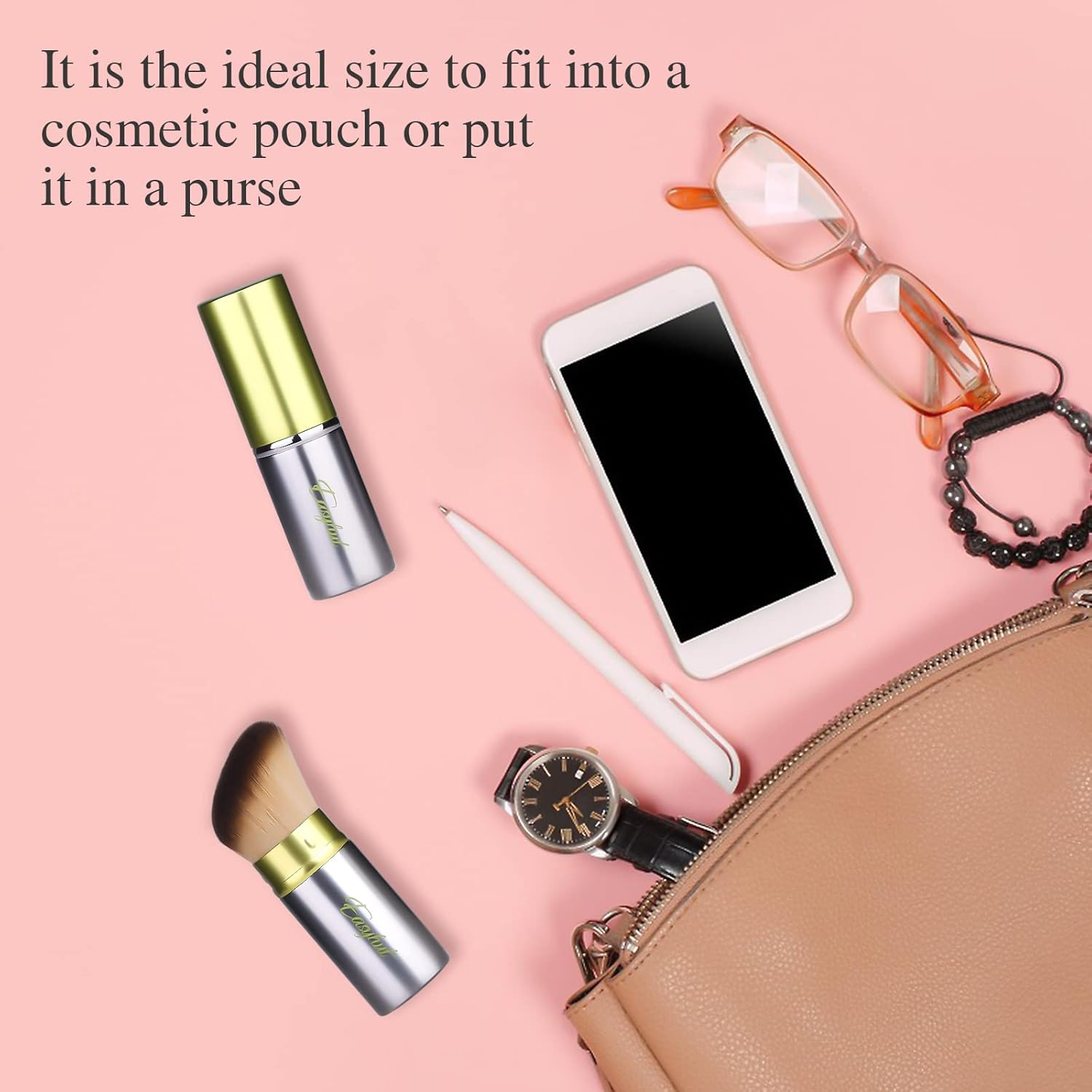 Retractable Kabuki Makeup Brushes 2 Pcs Blush Brushes Set Portable Powder Brushes with Flat and Angled Top for Liquid Cream Cosmetics Travel. (Silver Green) image number 4