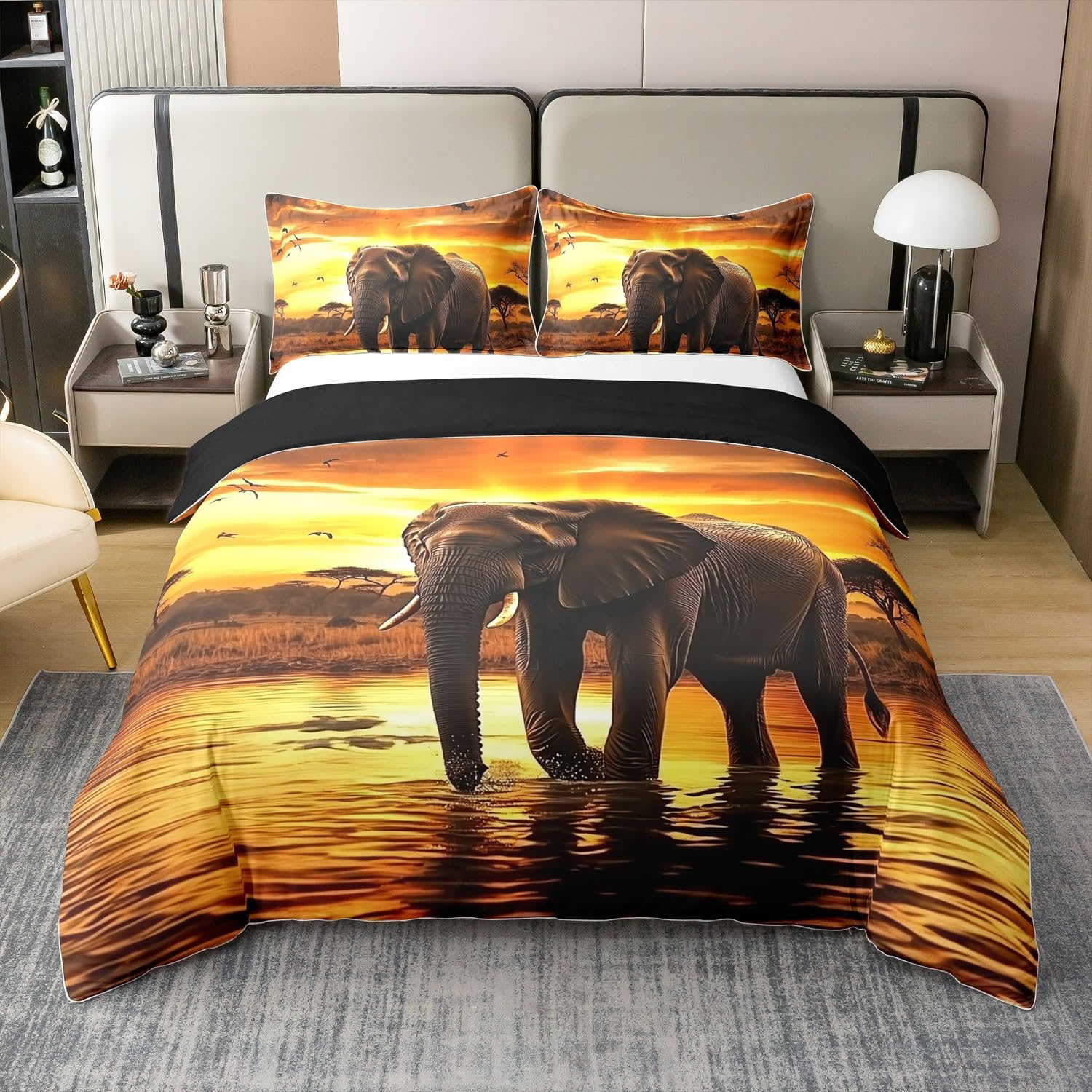 100% Cotton Elephant Bed Linen Set, Sunset Landscape Bed Linen, African Wildlife Duvet Cover 200 X 200.2 Cm Pillowcases, Eagle Comforter Cover, Animal Theme Duvet Cover for Room Decor, Orange
