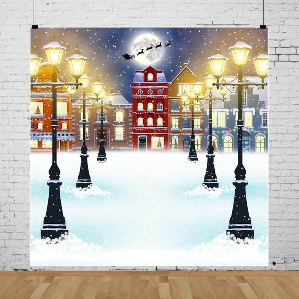 6 X 6 Ft Winter Night Cityscape Polyester Background Merry Christmas Bright Street Lights Backgrounds Western Building Snowy Full Moon Background Christmas Eve Party Banner image number 2
