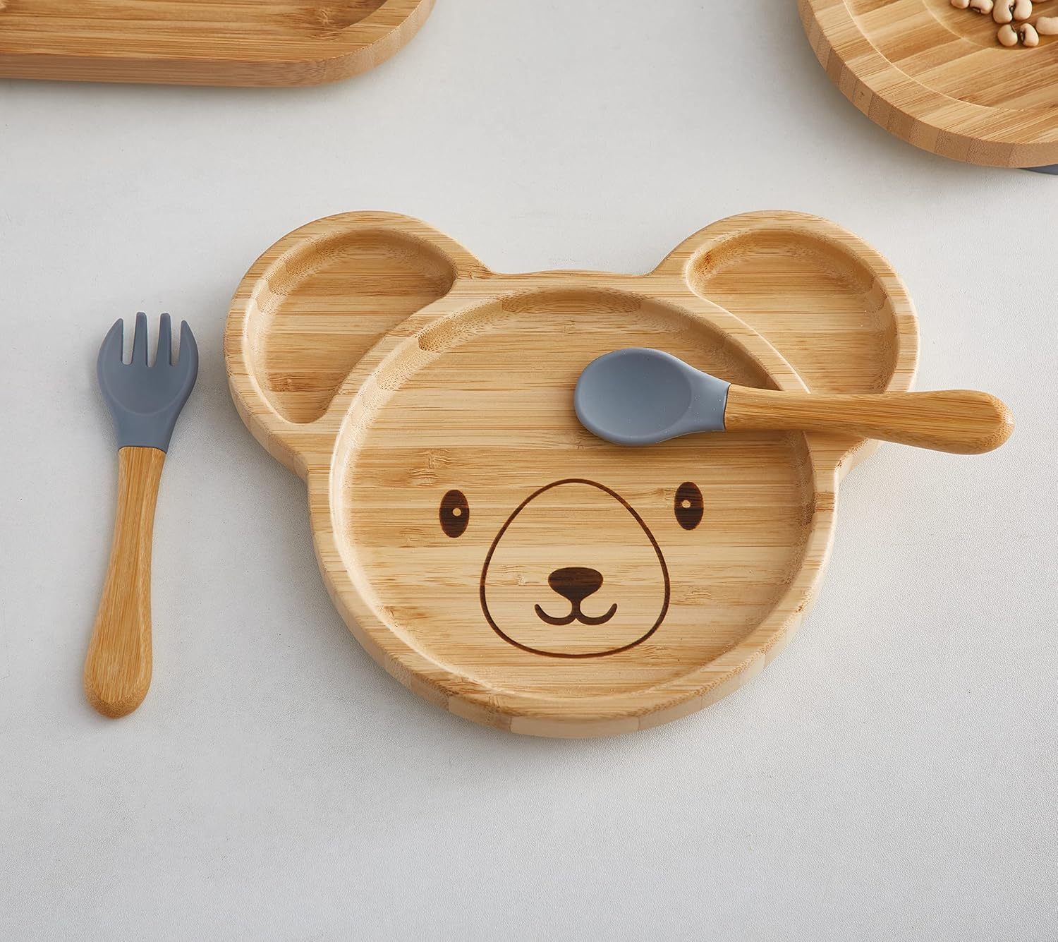 Bamboo Baby Silicone Suction Plate & Spoon Set for Toddler Kids Self Feeding - Wood Handled Spoon with Silicone Tips - Non-Slip Stay Put Divided Weaning Set for High Chair (Fancy Grey) image number 4