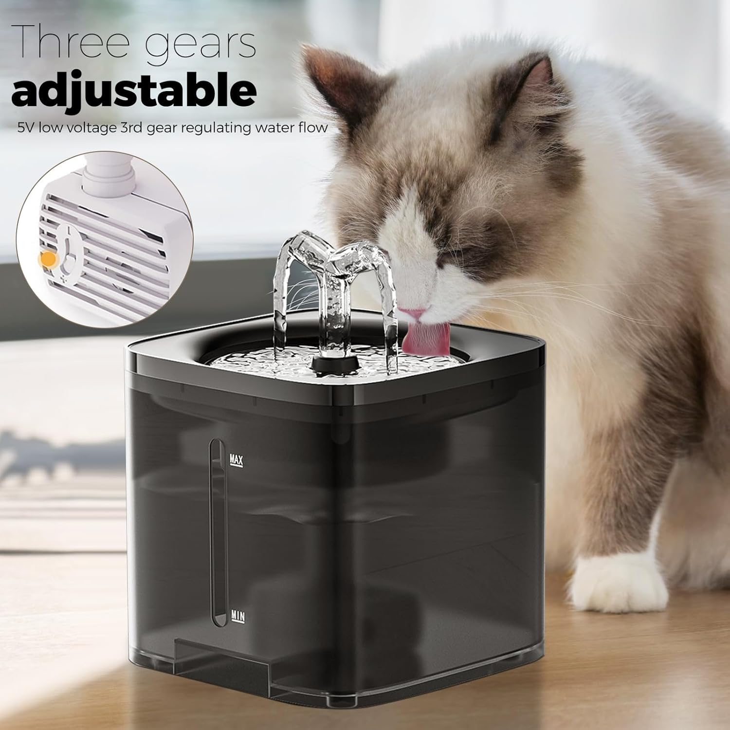 ZANZER Automatic Pet Water Fountain, 2L, Ultra Silent, with Adapter and 4 Filters & 4 Sponges, Faucet Shape, for Drinking, Cats, Dogs, and Multiple Pets​ image number 2