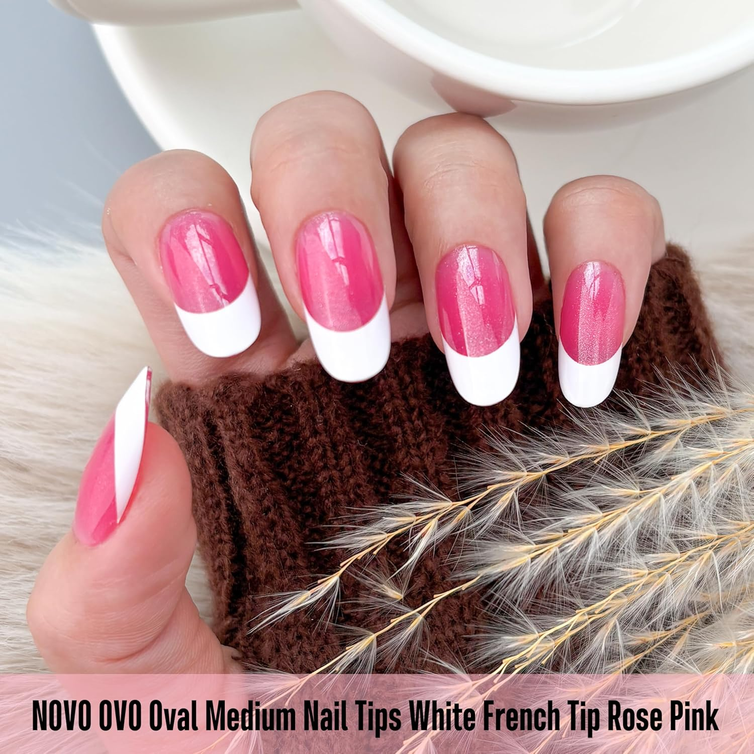 NOVO OVO White French Tip Oval Nail Tips Press on ROSE PINK, Extra Thick Medium Soft Gel Fake Nail Acrylic Extension, Need Builder Gel Top Coat, No Glue Included, for Salon DIY X 15 Sizes 240 Pcs image number 2