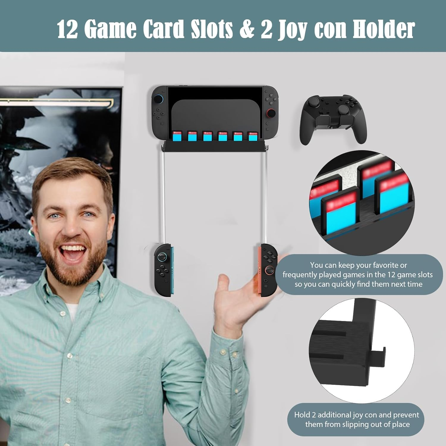 ZONEY Wall Mount Compatible with Nintendo Switch 2, Metal Switch 2 Wall Mount Kit with Controller Holder, 12 Game Card Holders and 2 Joy Con Brackets, Safely Store Switch 2 behind or near Tv,Black image number 2