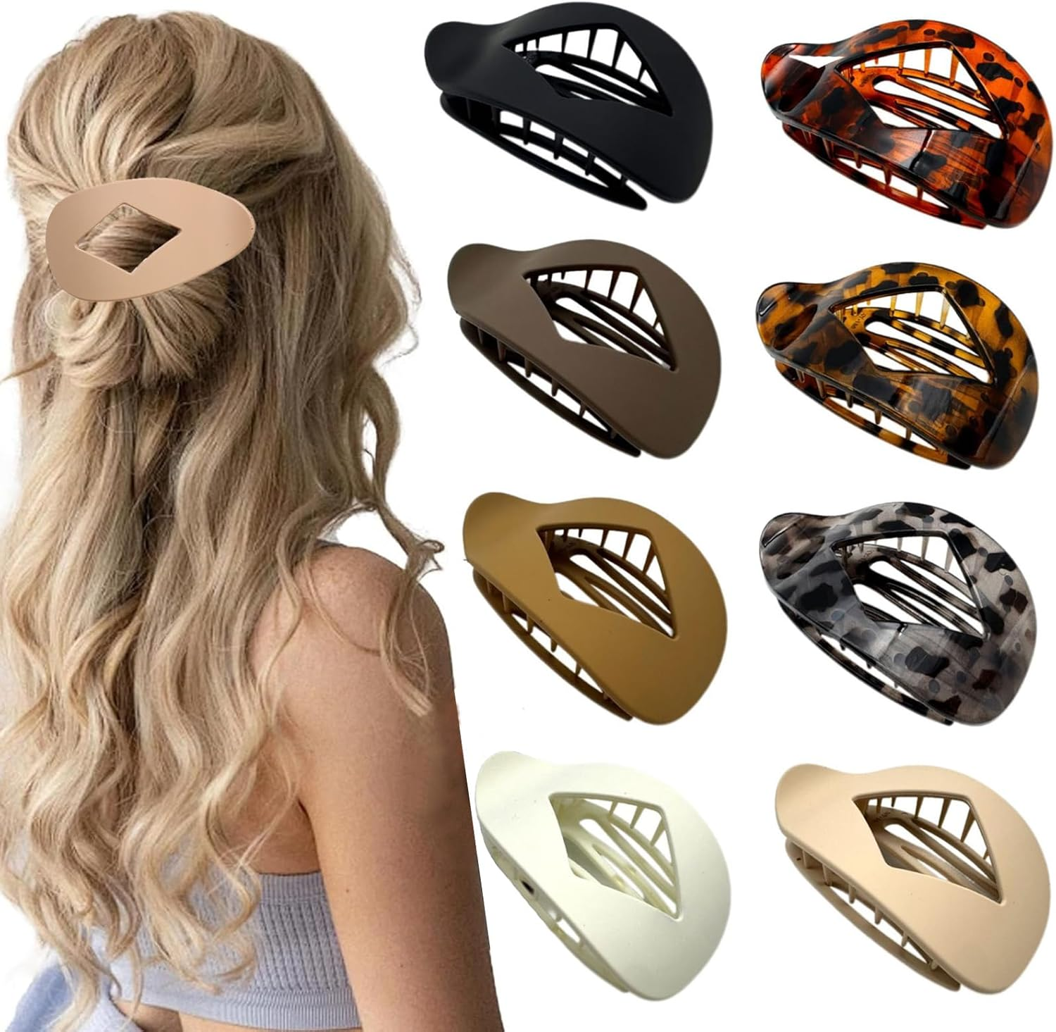 8 PCS Flat Hair Clips French Lay down Hair Claw Clips for Women Girls Strong Hold Hair Barrettes for Thick Thin Hair Comfortable Curved Flat Clips for Lying Driving (Heart)