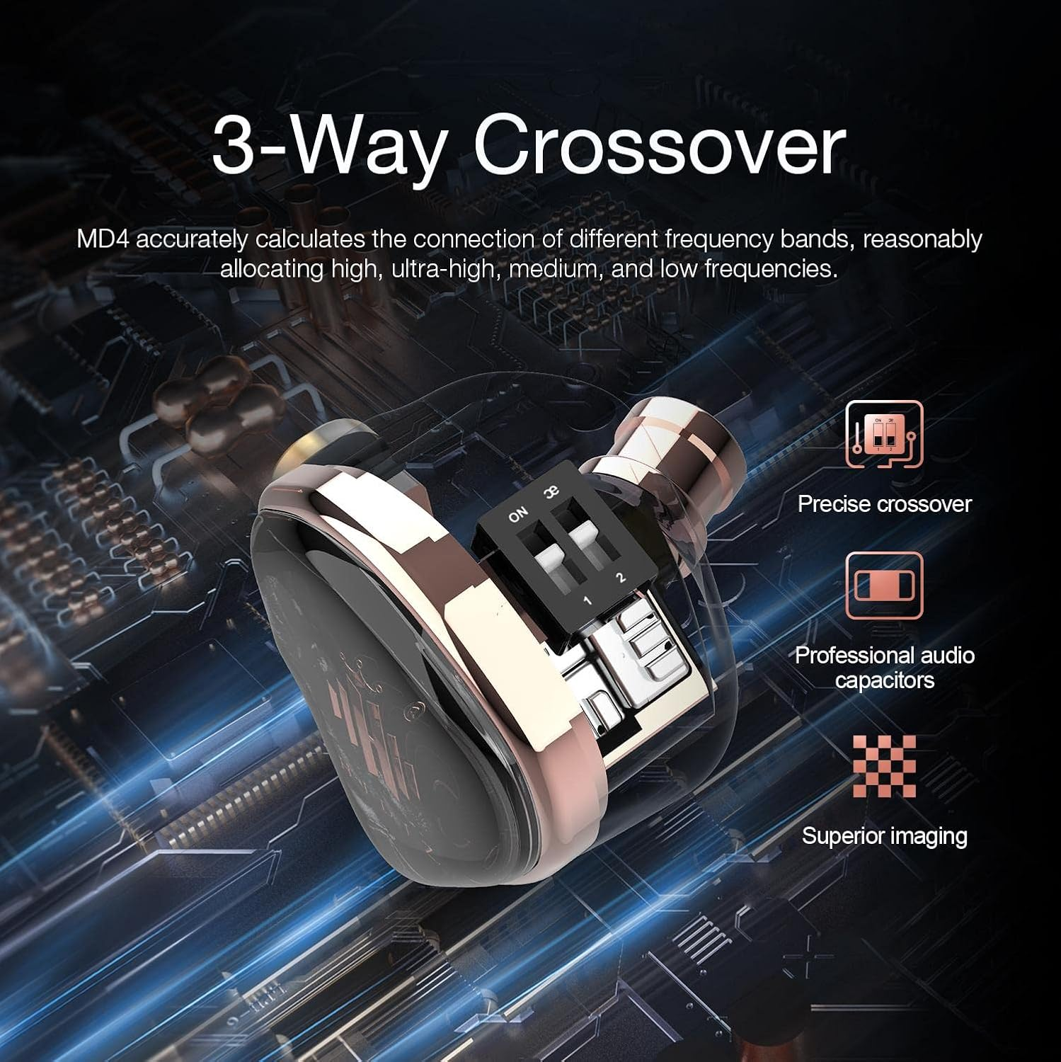 Hidizs MD4 Universal 4BA Drivers IEM, Quad Balanced Armatures In-Ear Earphones,3-Way Crossover, Tuning Switches, In-Ear Monitors with Detachable 2-Pin Cable - Silver image number 2