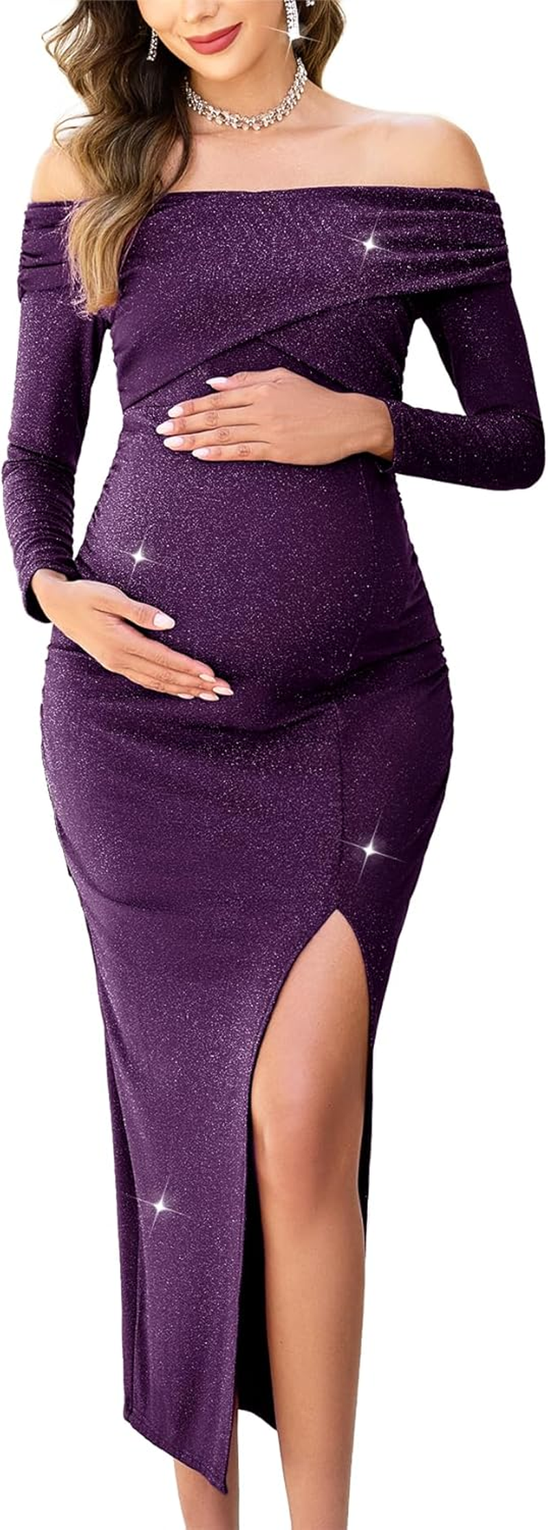 Off Shoulder Maternity Sparkly Split Dress Long Sleeve Fitted Pregnancy Dresses Semi Formal Baby Shower Photoshoot