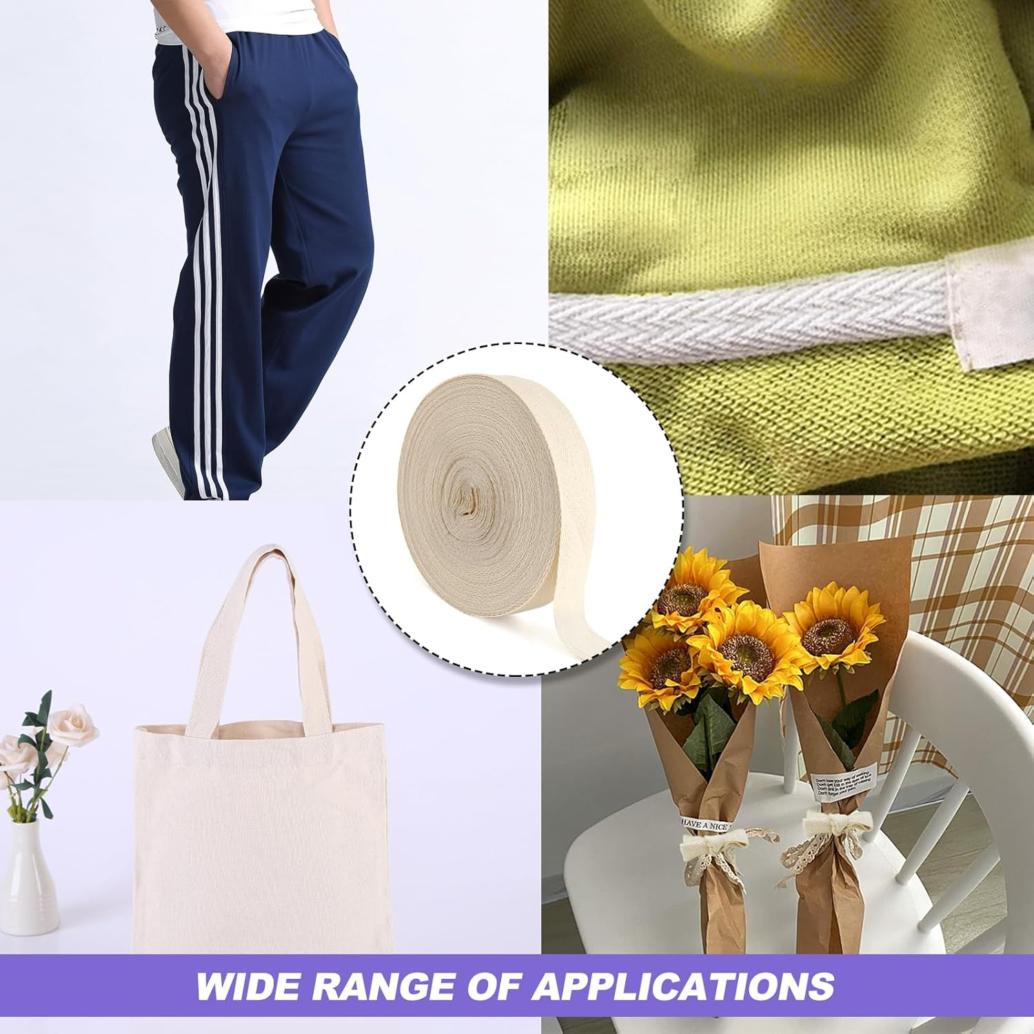 Cotton Twill Tape 20Mm, 50M Bias Binding Bunting Tape for Sewing Herringbone Cotton Webbing Tapes Ribbon for Sewing Craft Beige image number 6