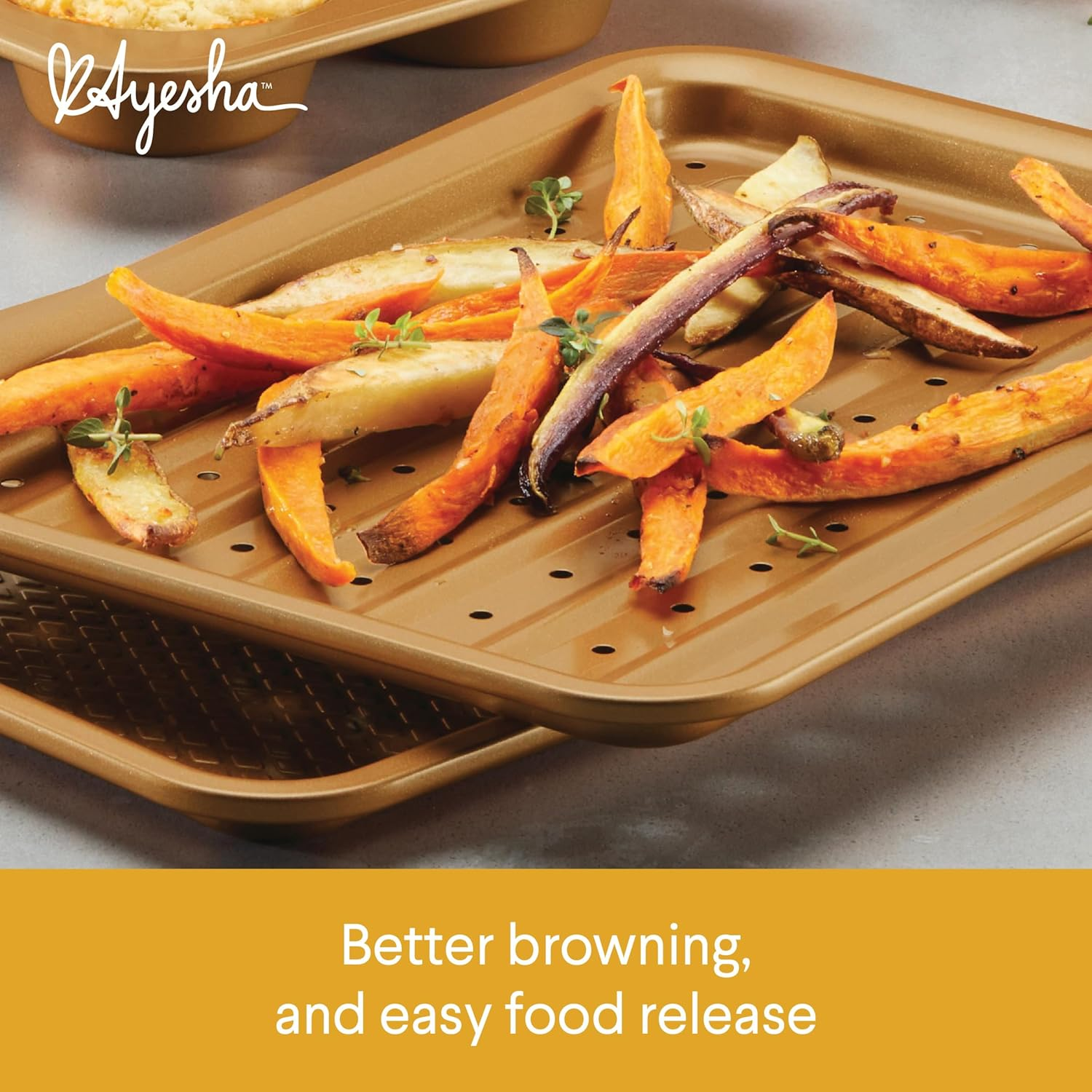 Ayesha Curry Nonstick Bakeware Toaster Oven Set with Nonstick Baking Pan, Cookie Sheet/Baking Sheet and Muffin Pan/Cupcake Pan - 4 Piece, Copper Brown image number 6