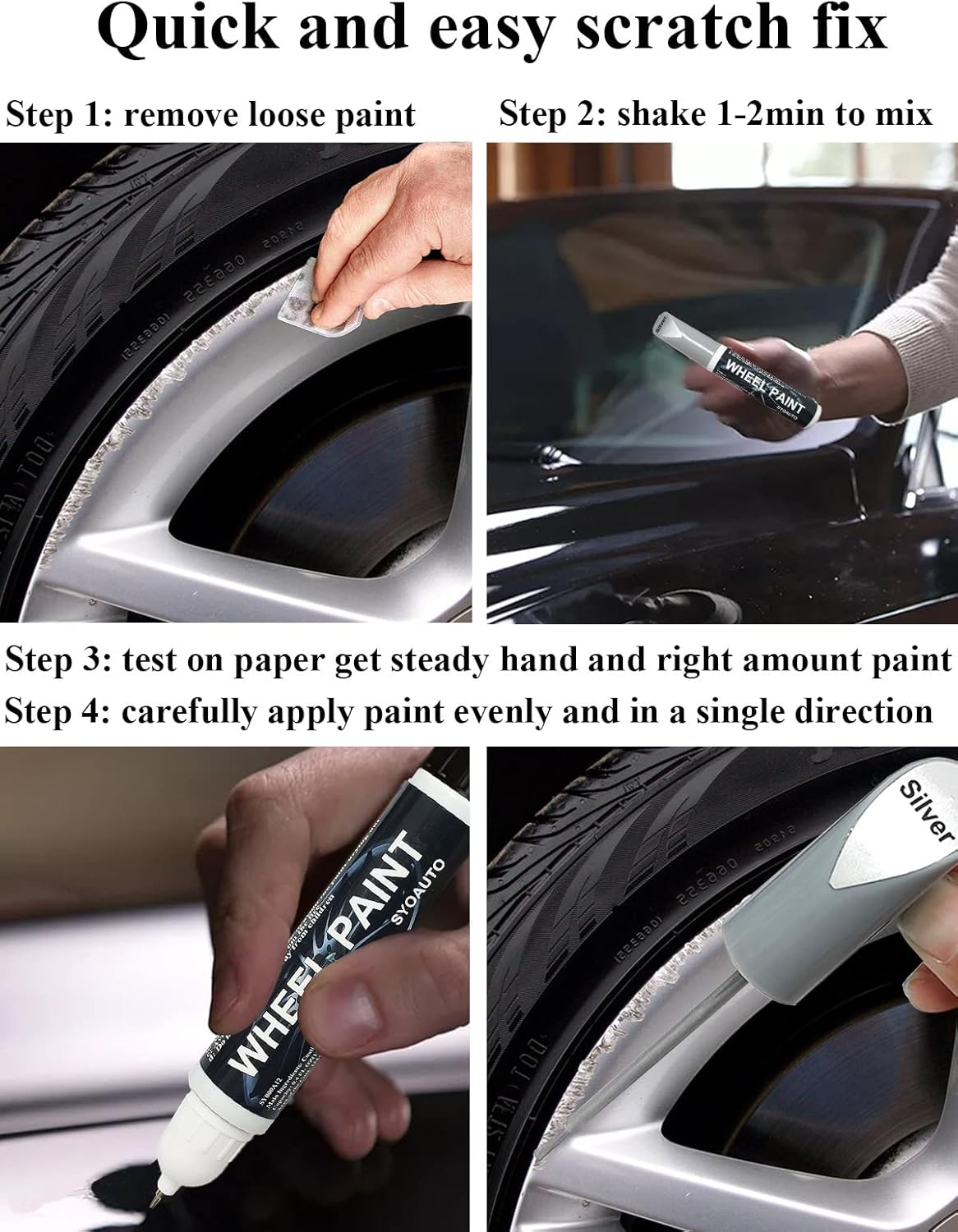 SYOAUTO Silver Rim Touch up Paint Rim Scratch Repair Pen Wheel Touch up Paint Car Rim Paint Pen Universal Color Silver Wheel Paint (Silver) - Silver image number 2