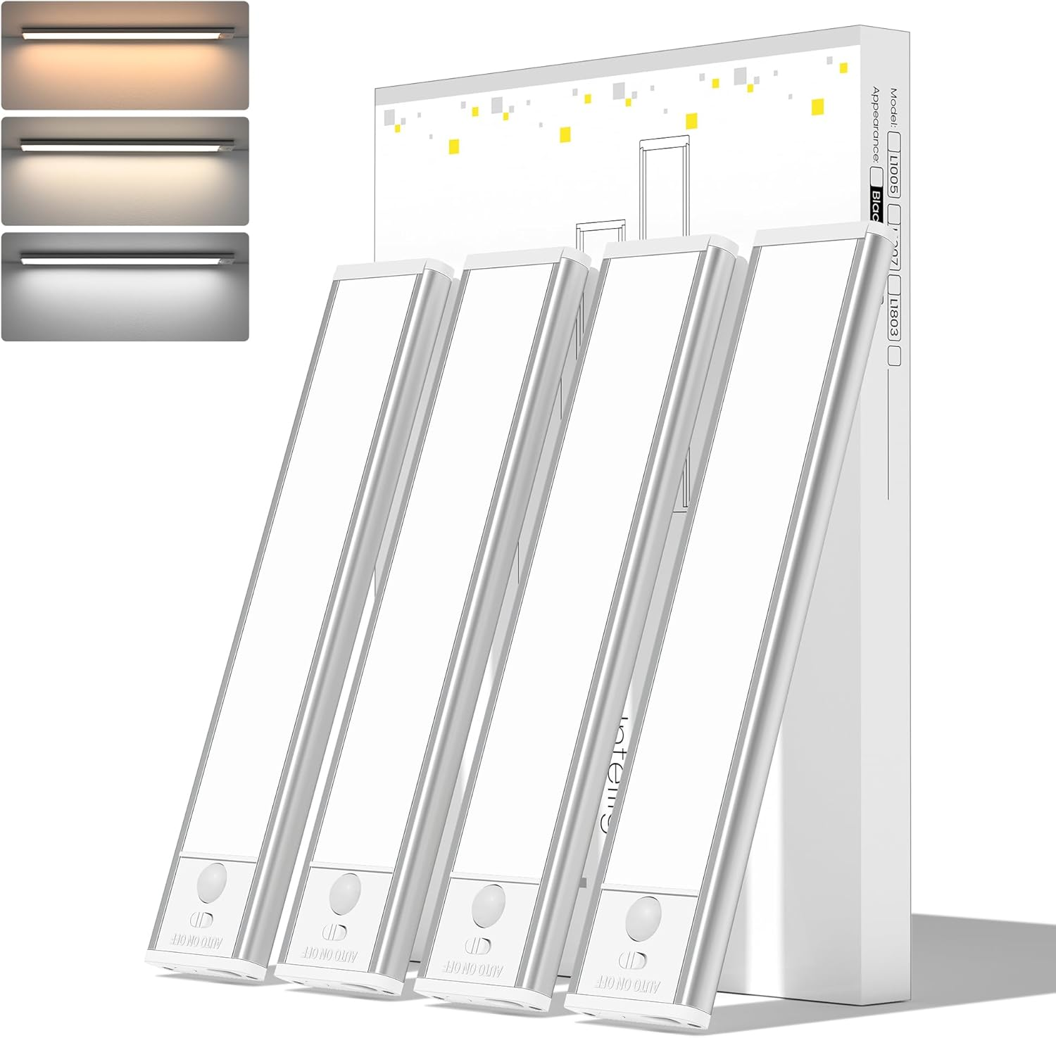 4-Pack Motion Sensor Closet Lights, under Cabinet Lighting, Wireless USB Rechargeable Led Light Bars with Large Capacity Battery Operated for Stairs/Wardrobe/Hallway/Kitchen/Camping (Silver-20Cm) image number 3