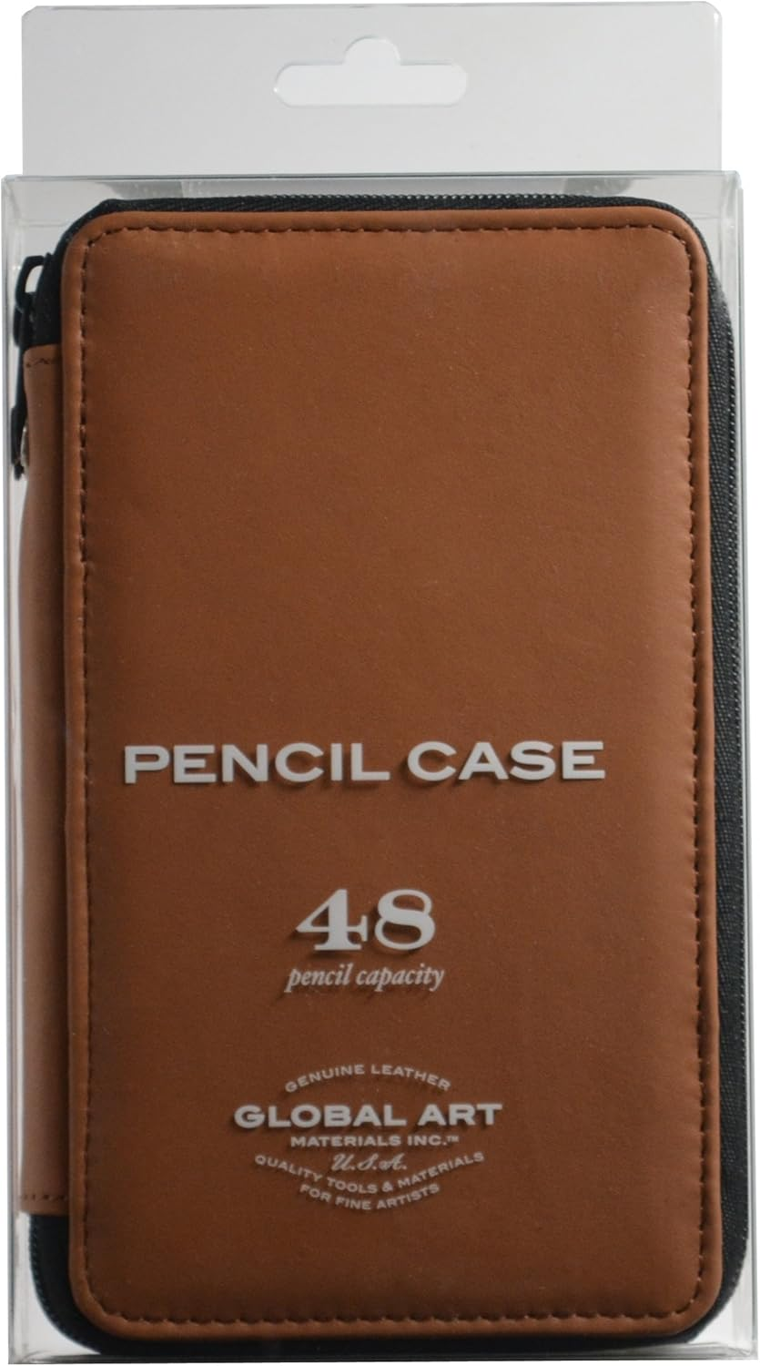 Global Art Materials 48-Piece Leather Pencil Case, Antique Brown, 96