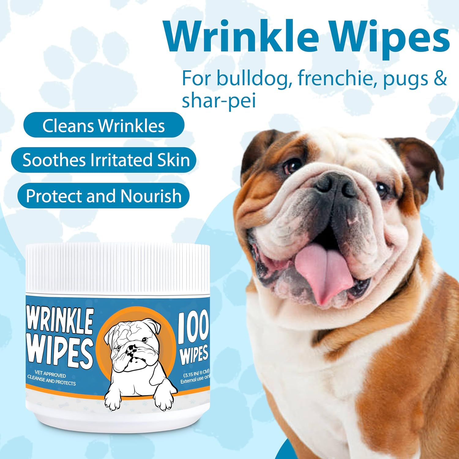 Bulldog Wrinkle Wipes for Dogs 100 Count - Clean and Sooth on Wrinkles, Folds - Dog Wrinkle Wipes French Bulldog, English Bulldog, Pugs, Frenchie - 3.15 in Large Dog Face Wipes - Unscented image number 2