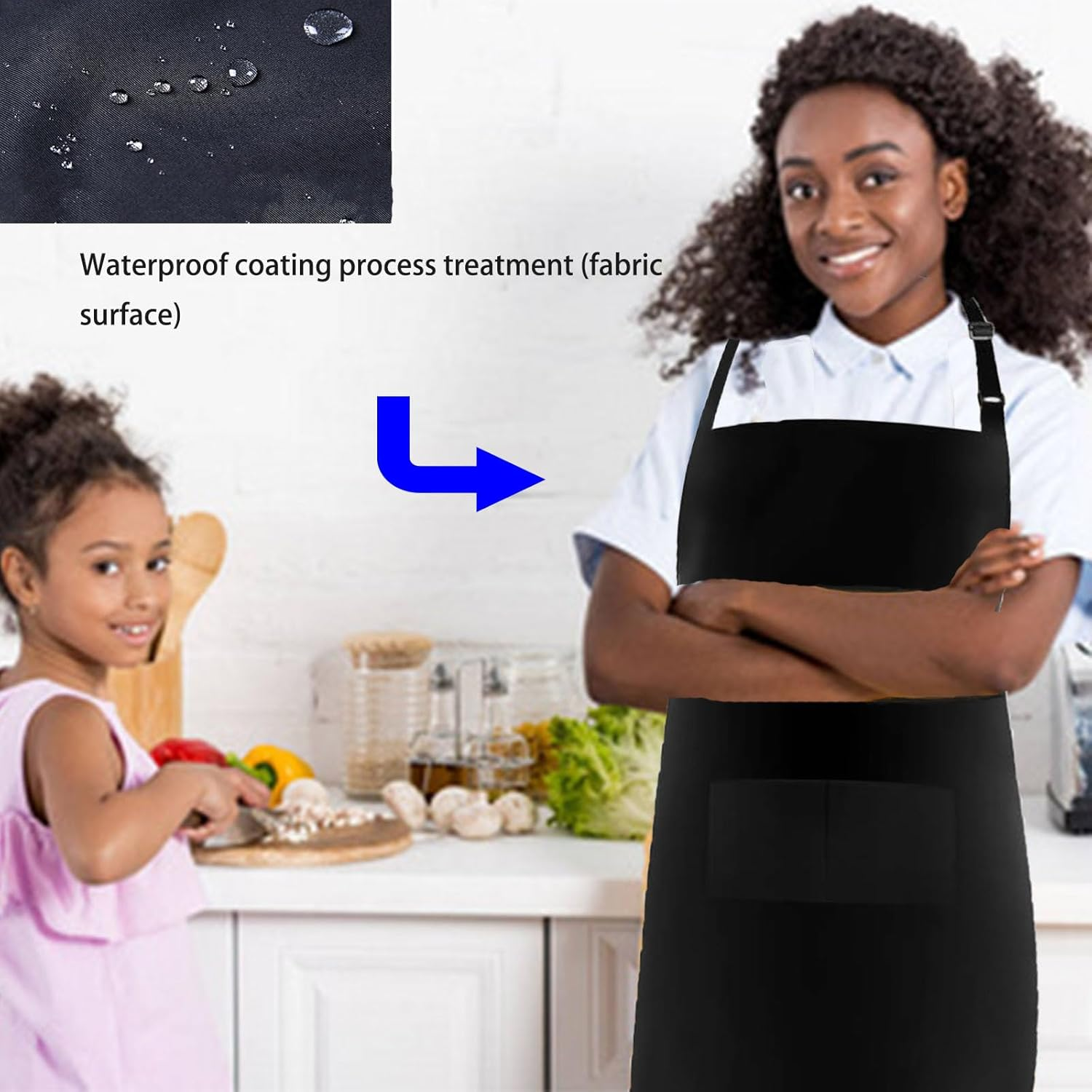 XUTONG Chef Aprons and Chef Apron Hat, Black Apron for Men Women, Waterproof Apron with 2 Pockets, Adjustable Neckband Apron for Kitchen Cooking Baking Garden BBQ image number 3