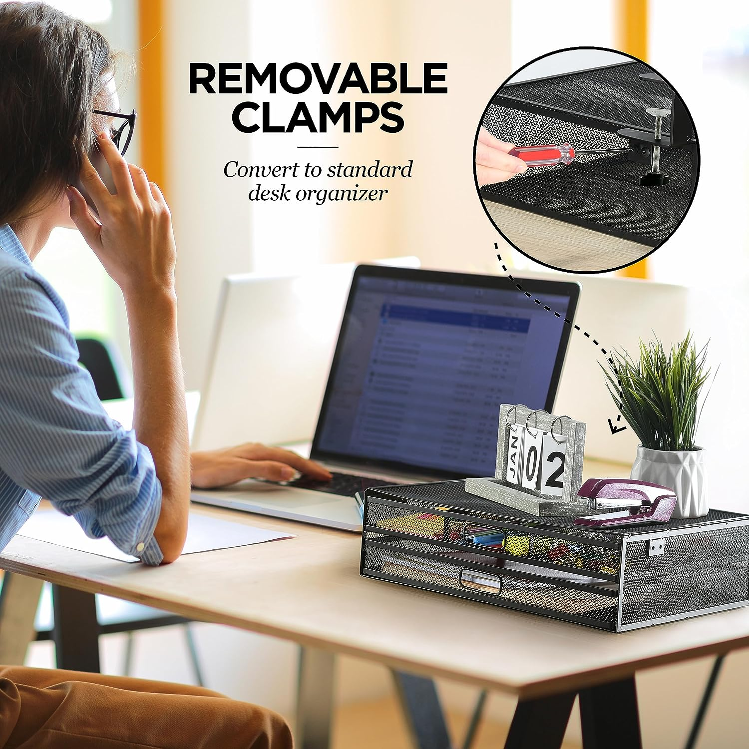 Under Desk Drawer Organizer Clamp-On, Mesh Metal Desk Drawer Attachment, 2 Drawer Slide Out, on Desk or under Desk Organizer for Office Supplies & Home Essentials (2 Drawers) image number 2