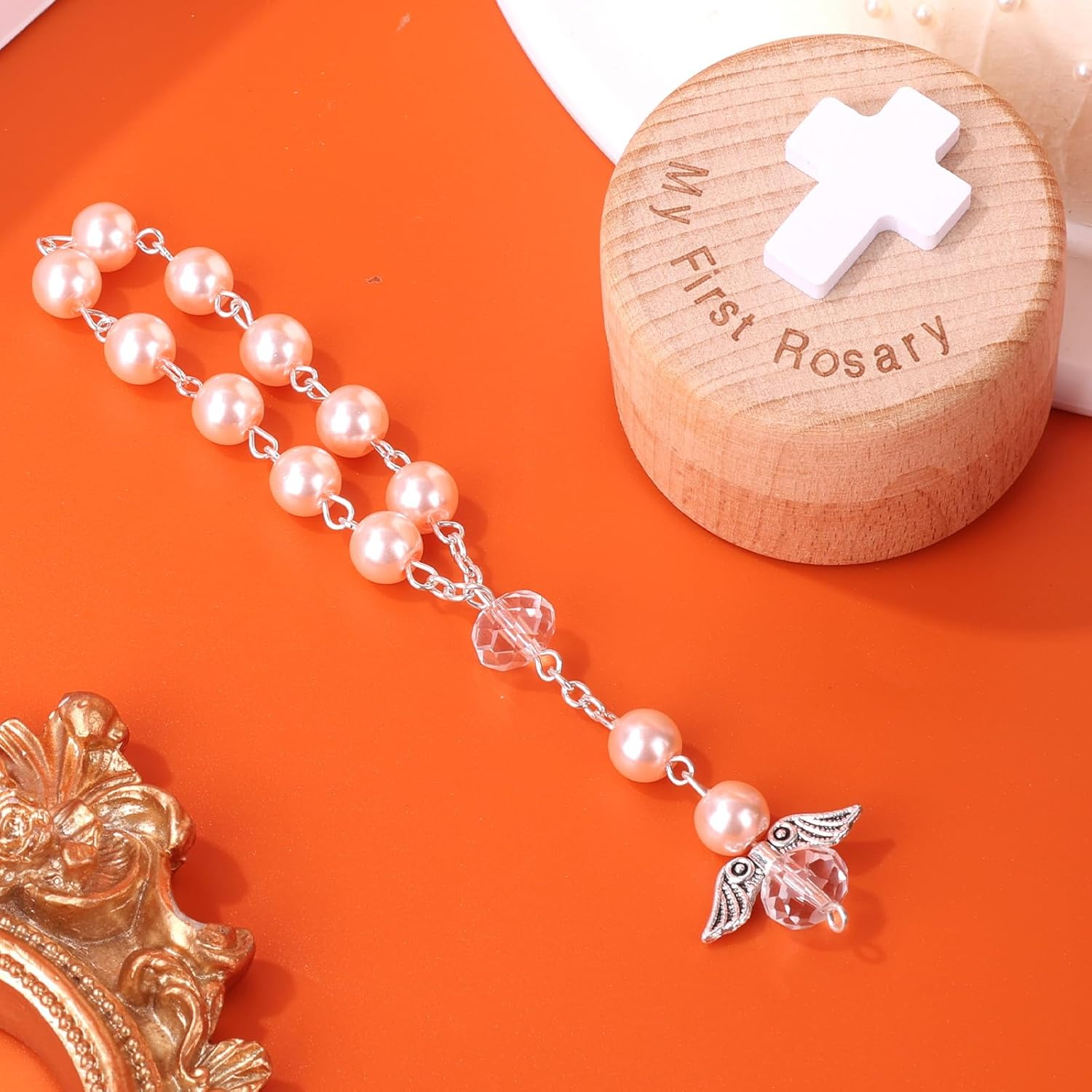 My First Rosary Baptism Gifts, Baptism Memorial Box & Rosary Bracelet with Angel Wings Catholic First Communion Christening Beads Gifting Set for Baby Shower image number 4