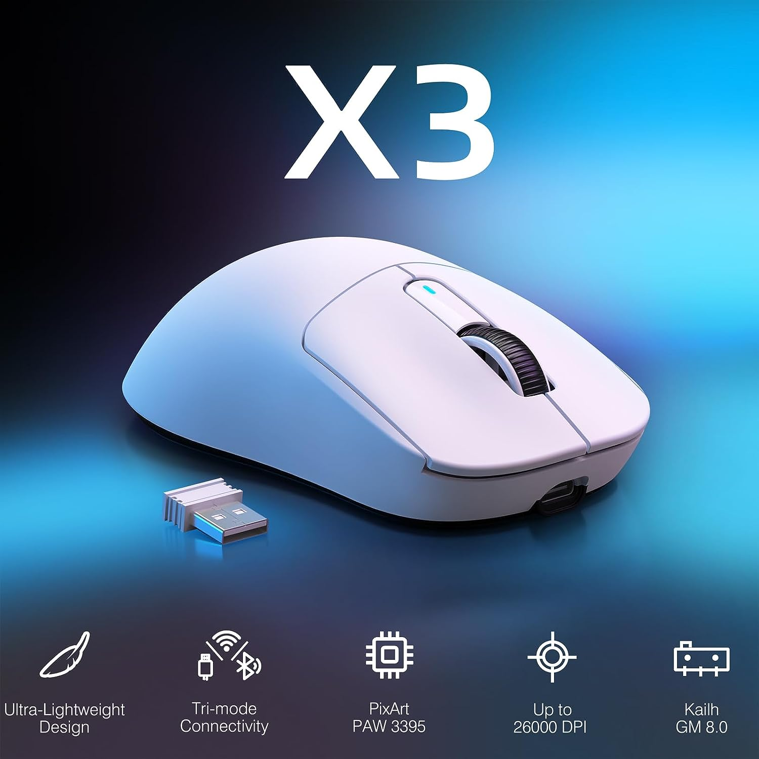 MANBASNAKE Wireless Gaming Mouse, 49G Ergonomic Computer Mouse, Triple Modes PAW3395 26K DPI Optical Sensor, 200H Battery Life, Programmable Buttons, Gaming Accessories for Pc/Laptop/Mac - Orangegriptape image number 4