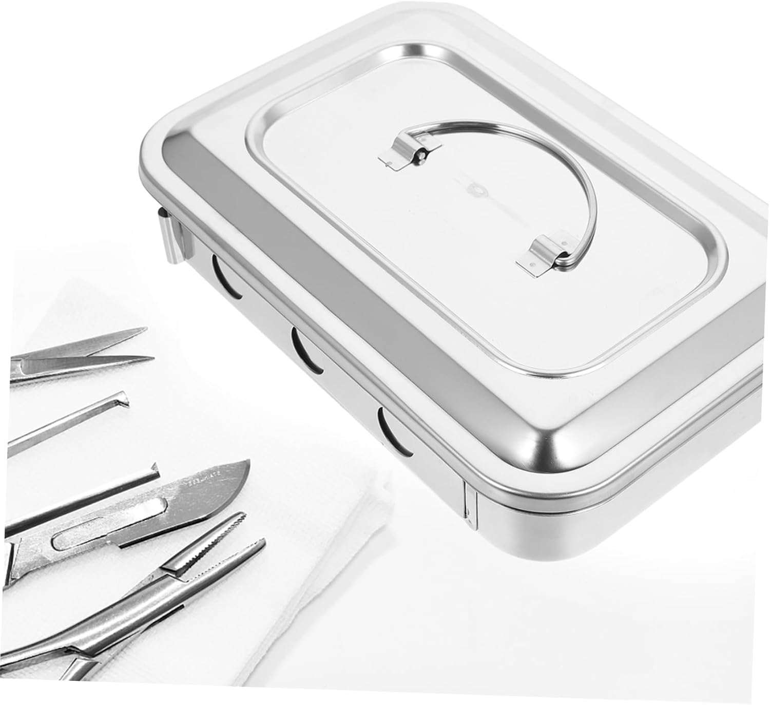 Vaguelly Silver Sterilizer Soaking Box with Lid High Temperature Thermometer Instrument Tray for Professional Beauty Veterinary Use Stainless Steel Design Square Plate