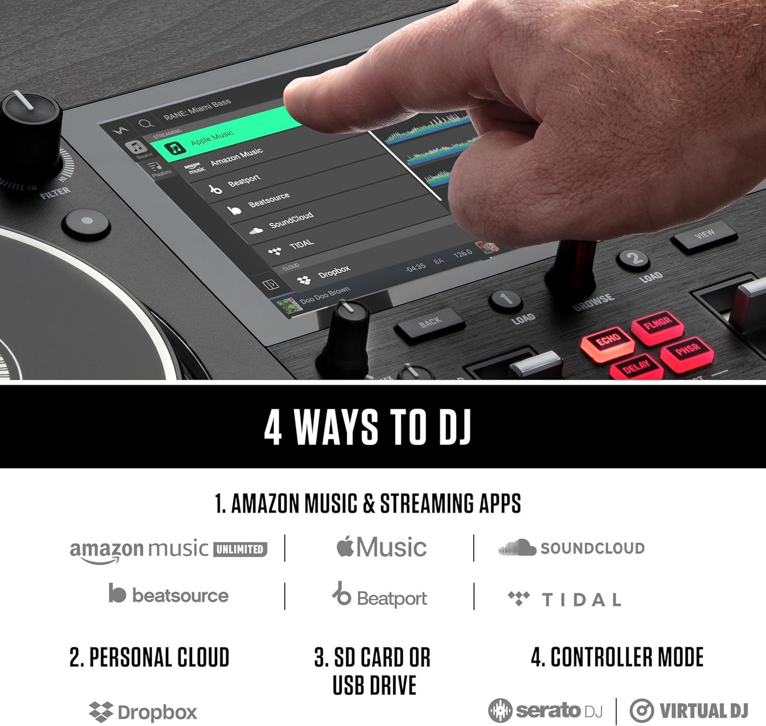 Numark Mixstream Pro+ DJ Controller with Stem Separation, 2 Decks, Wi-Fi Streaming, Mixer, 7" Touchscreen, Speakers, Works with Serato and Virtual DJ