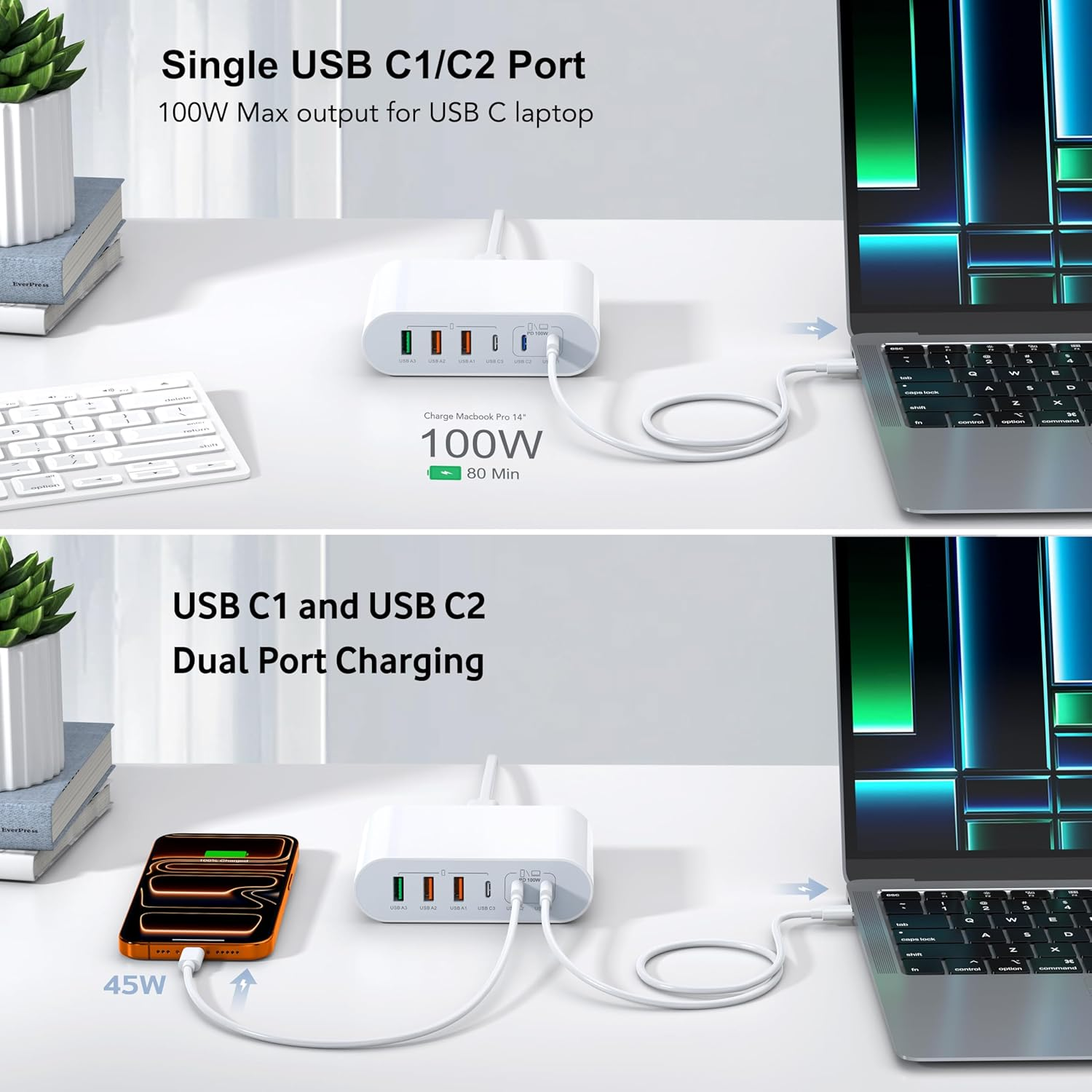 200W USB C Charger, Multi-Port Charging Hub, Gan & Portable Charger Station, Laptop Power Adapter for Macbook Air Pro, Ipad, Iphone 17 16 15 14, Samsung Galaxy, Google Pixel,Motorola,Steam Deck - White-200W image number 5