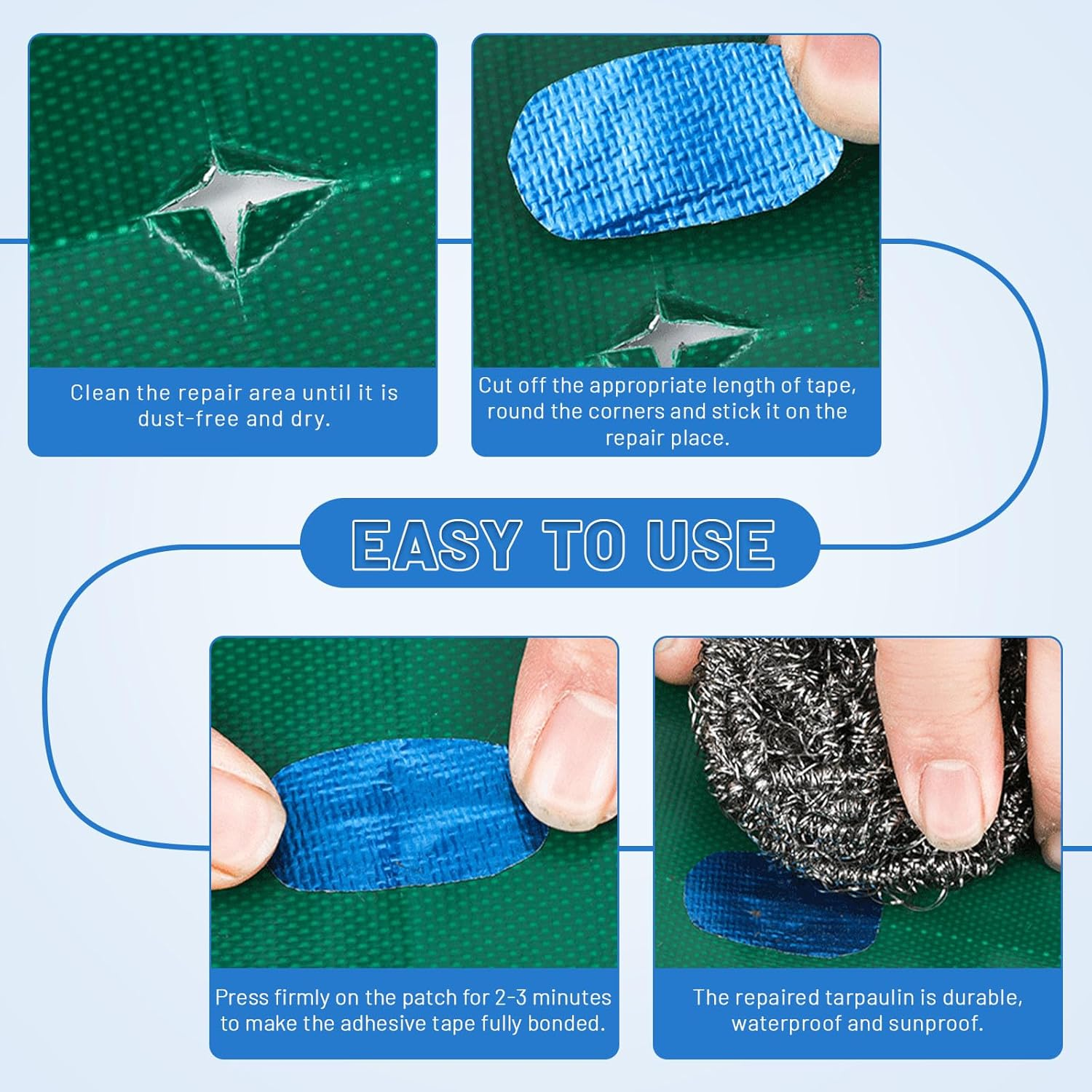 Huakaile Blue Tent Repair Tape, 25 Ft X 3" Waterproof RV Awning Repair Tape, Outdoor Heavy Duty Tarp Patch Kit for Camper Boat Cover Canvas Seam Sail Tarpaulin - Blue image number 6