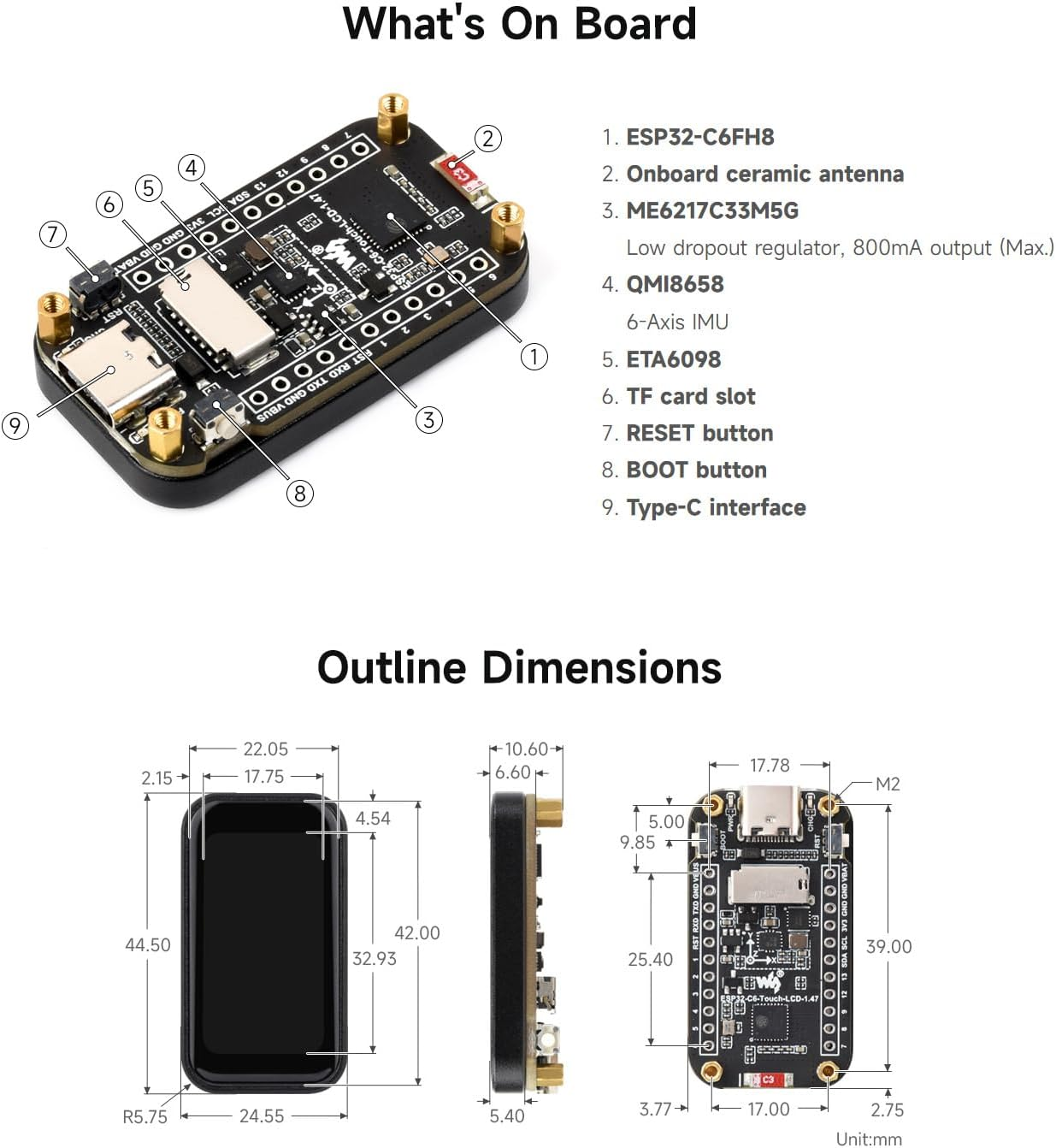 Waveshare ESP32-C6 1.47Inch Touch Display Development Board, 172&times;320 Resolution, 262K Display Color, Supports W-FI 6 / BLE 5, 160Mhz RISC-V Processor image number 5