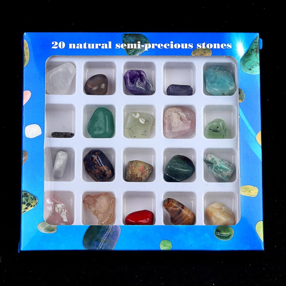 20Pcs/Set Mini Natural Stones Gift Box,Natural Stone Ornaments for Science Education Healing Crystal Tumbled Rough Stone Chakra Raw Stone Meditation Reiki Collection image number 1