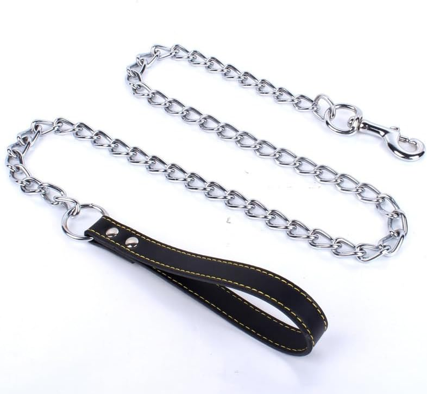 Heavy Duty Anti-Bite Dog Giant Chain Leash with Leather Handle (Black, 0.3 * 180CM)