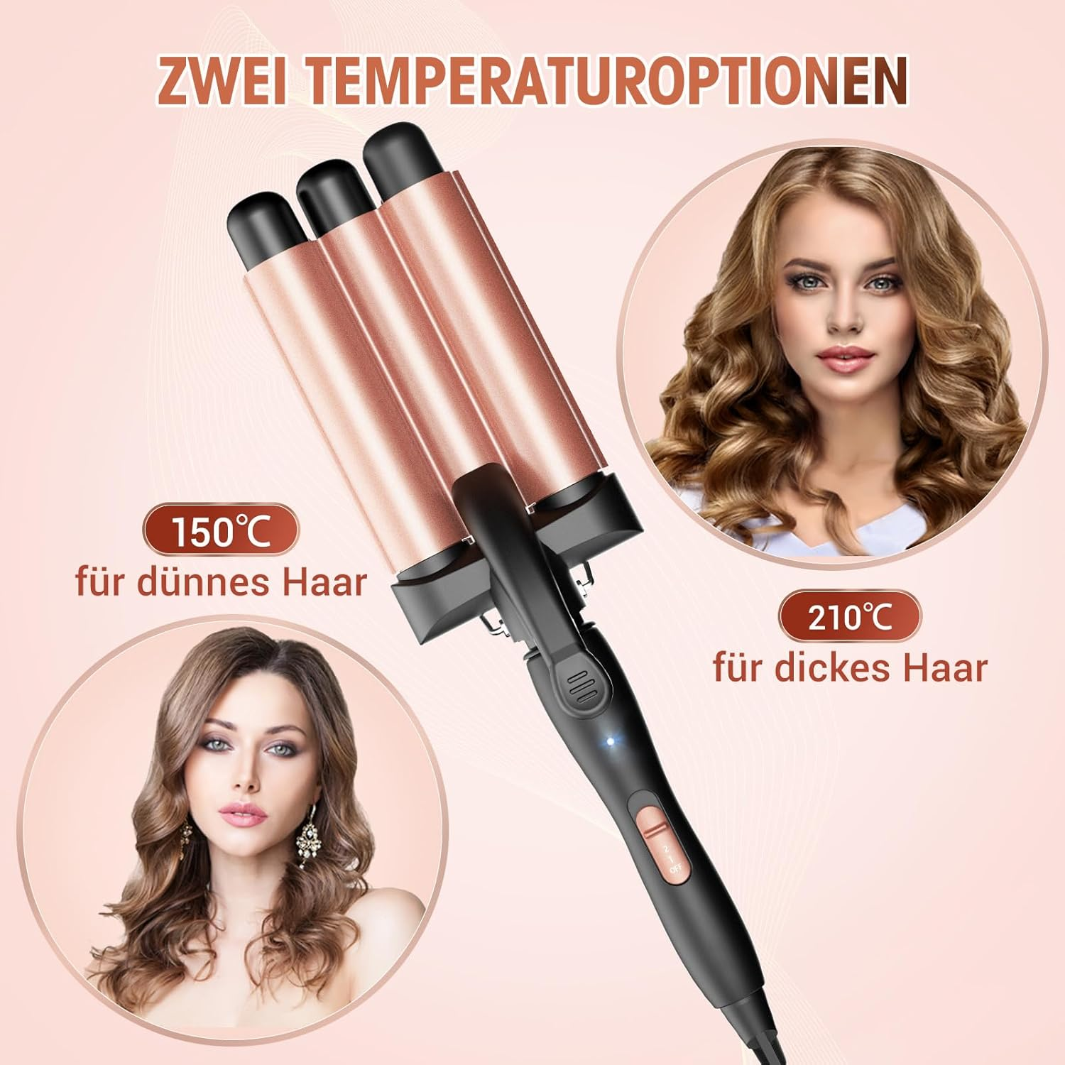 3 Barrels Beach Waves Curling Iron - Ceramic Curler 3 Wavy Head, 2 Temperatures, Fast Heating Waffle Wavy Hair, Suitable for Long and Short Hair, Pink image number 4