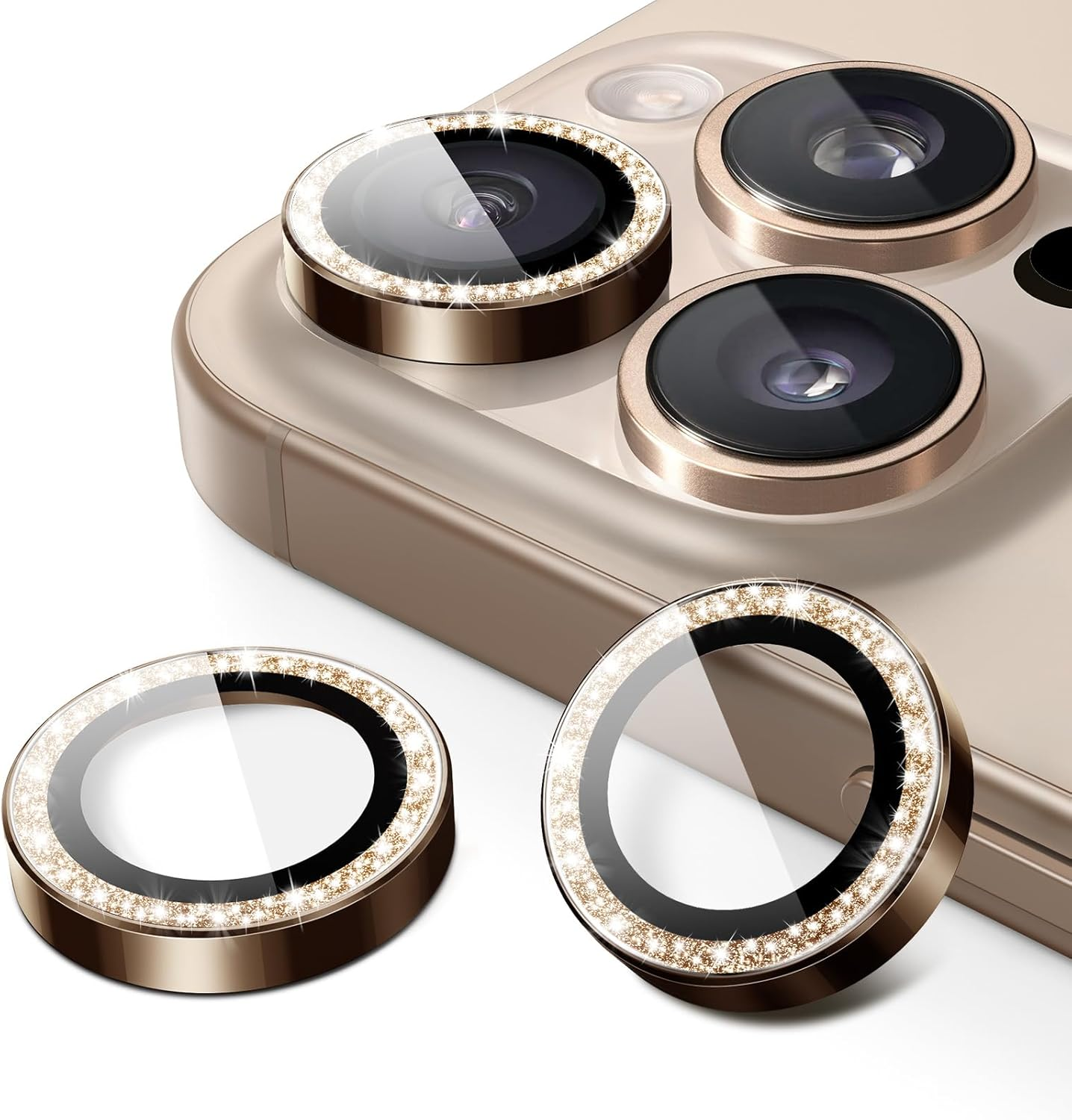 Jetech Camera Lens Protector for Iphone 16 Pro 6.3-Inch and Iphone 16 Pro Max 6.9-Inch, Bling Glitter Individual 9H Tempered Glass Metal Ring Cover, HD Clear, 1 Set (Desert Titanium)