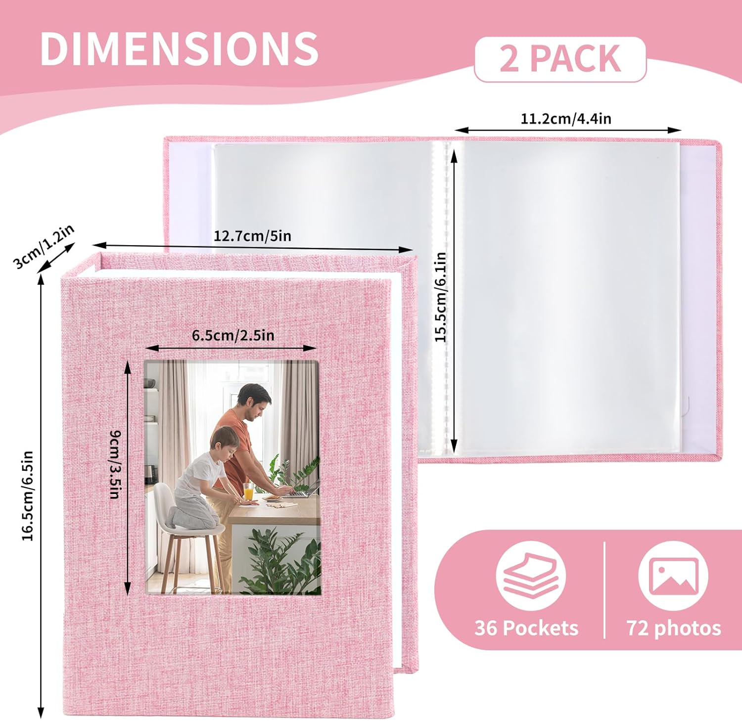 Vivinin 2 Pack Photo Album 4X6, Linen Cover Photo Book, Small Photo Album Book for 36 Pockets Hold 72 Pictures, Picture Book for Photos Family Anniversaries Baby Vacations（Pink） image number 4