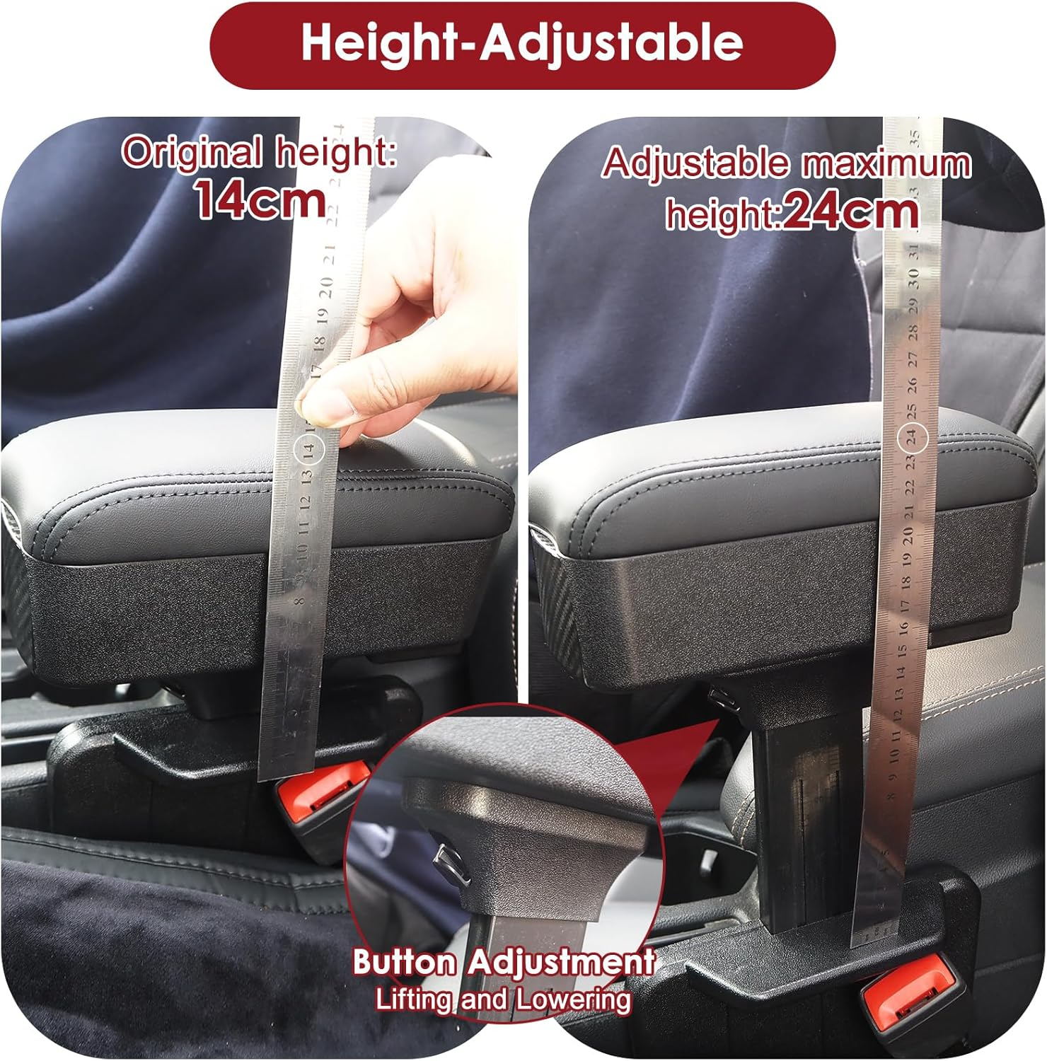 Upgrade Car Leather Armrest Expander Support Elbow Rest Pad, Universal Auto Armrest Box Gap Filler Organizer, Adjustable Height, with Cup Holder, Arm Rest Car Interior Accessories (Black) image number 6