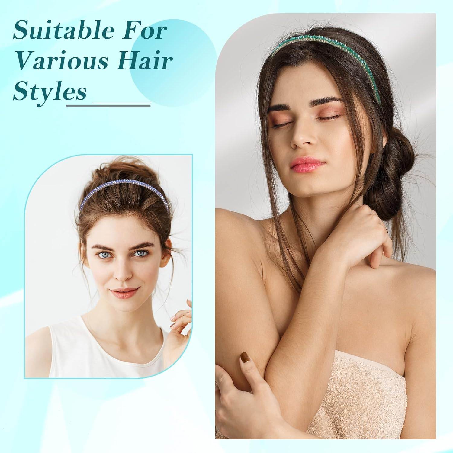 4 Pcs Decorative Sparkly Glitter Crystal Rhinestone Headbands,Glitter Sparkly Fancy Jeweled Headbands for Women, Skinny Elastic Metal Hair Bands with Fabric Ends,Non Slip for Women Girls Christmas Gif image number 5