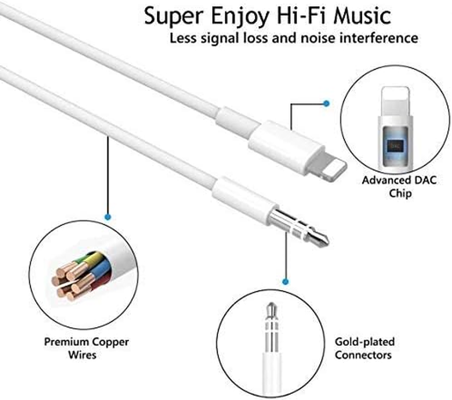 [Apple Mfi Certified] Iphone Aux Cord for Car, Lightning to 3.5 Mm Headphone Jack Adapter Male Aux Stereo Audio Cable Compatible with Iphone SE/11/11 Pro/Xs/Xr/X 8 7 Ipad/Ipod (3.3FT White)