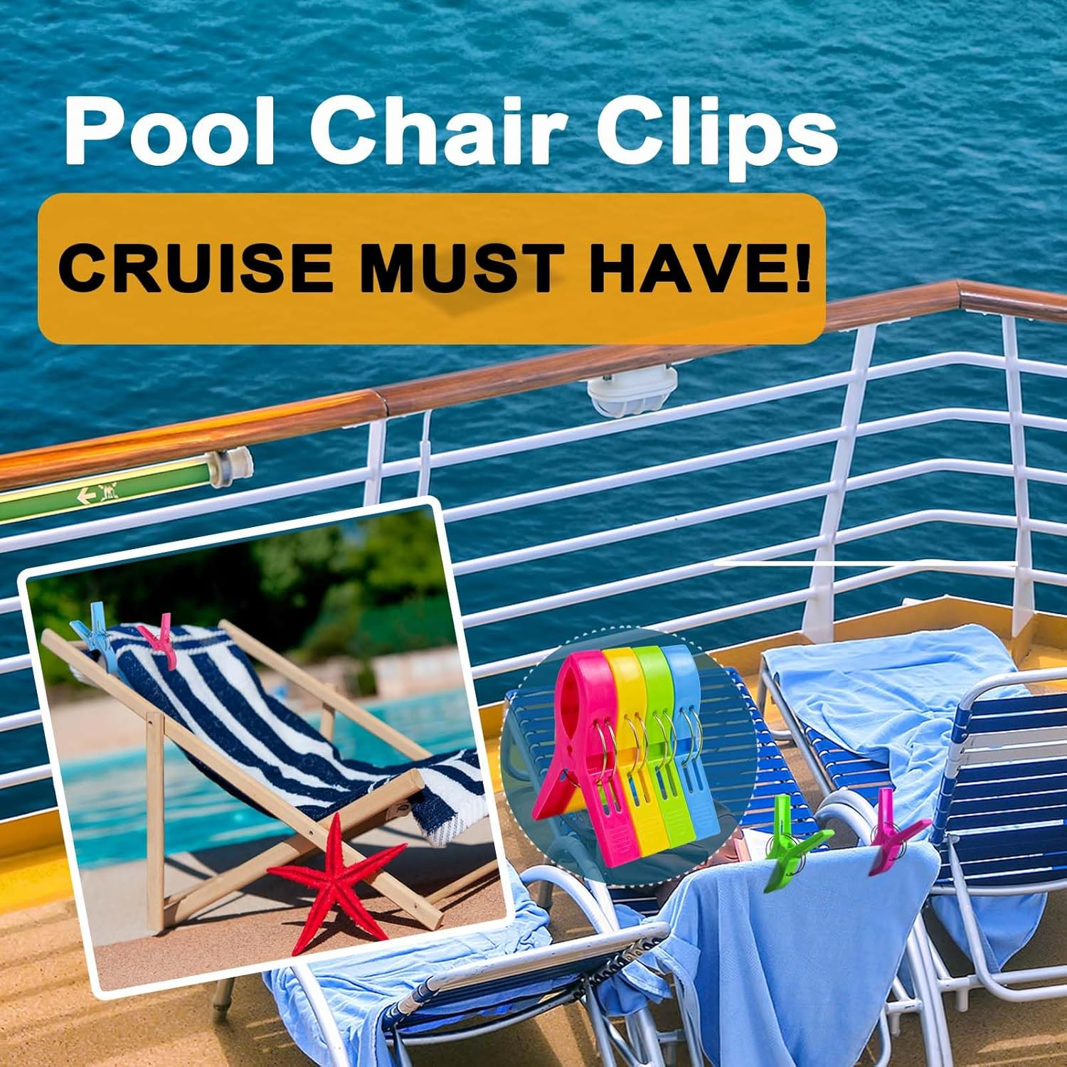Beach Chair Towel Clips-Cruise Essentials, Pool Chair Clips Large Hanging Clip Clamps Beach Towel Holder Clothes Pegs to Keep Your Towel from Blowing Away, Vacation Beach Must Have (8 Pack)