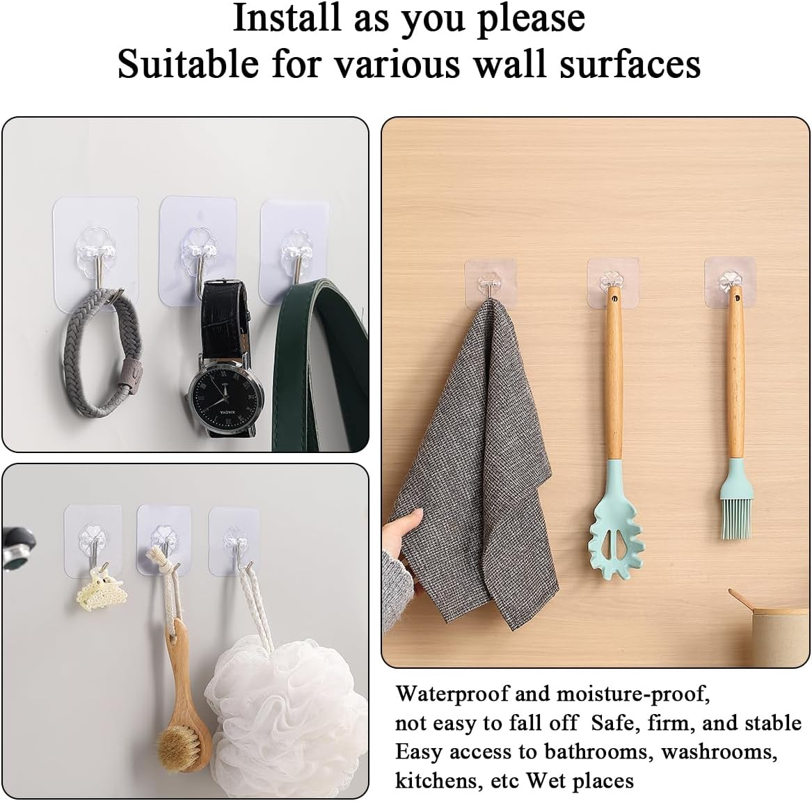 Berglander Adhesive Hooks for Hanging 12Pcs, Heavy Duty Wall Hooks Self Adhesive Towel Coat Hooks Waterproof Transparent Hooks for Bathroom Kitchen Keys Door Outdoor Home Improvement Utility Hook image number 1